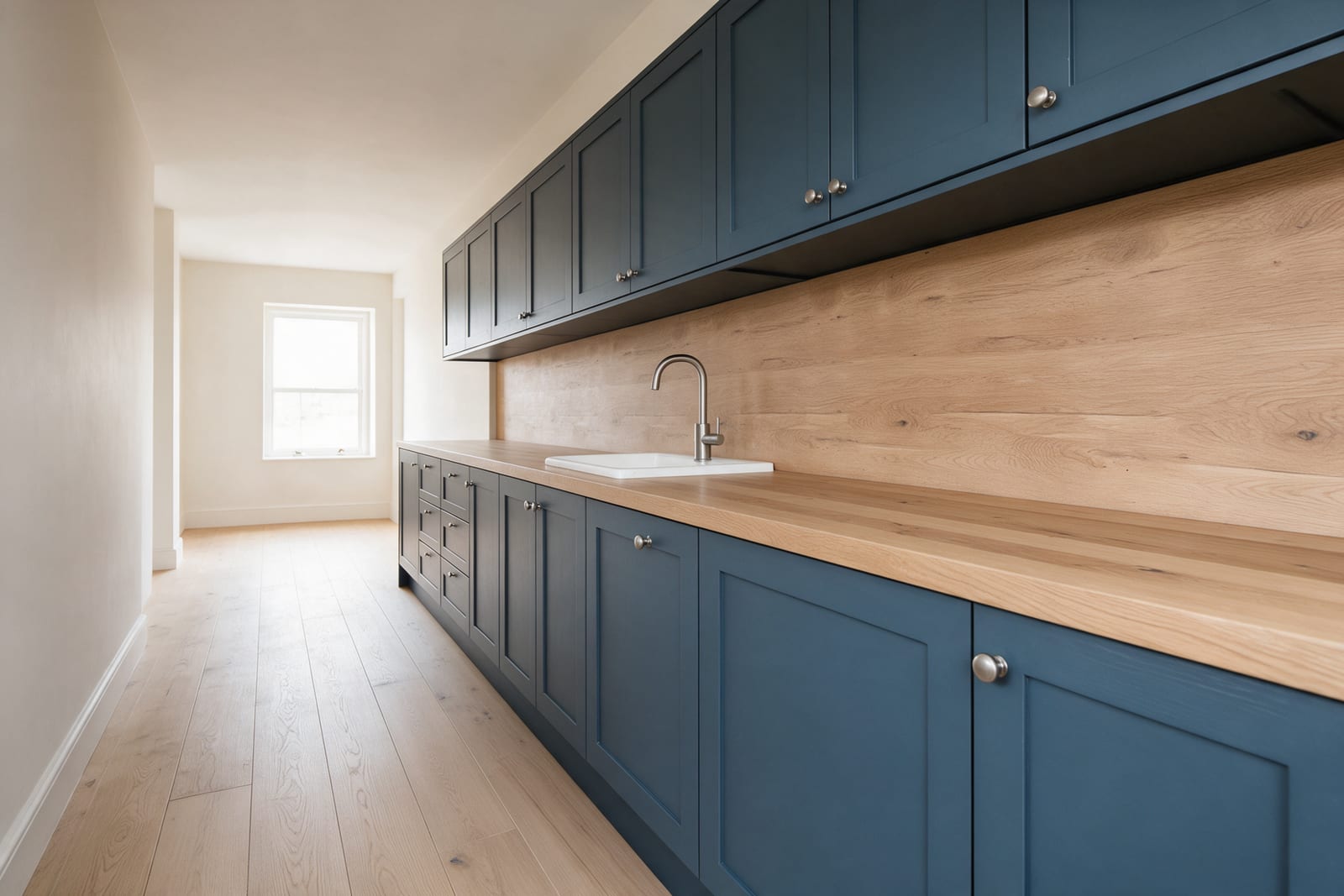 Looking down a long galley kitchen in harbour blue with an oak worktop towards a window.