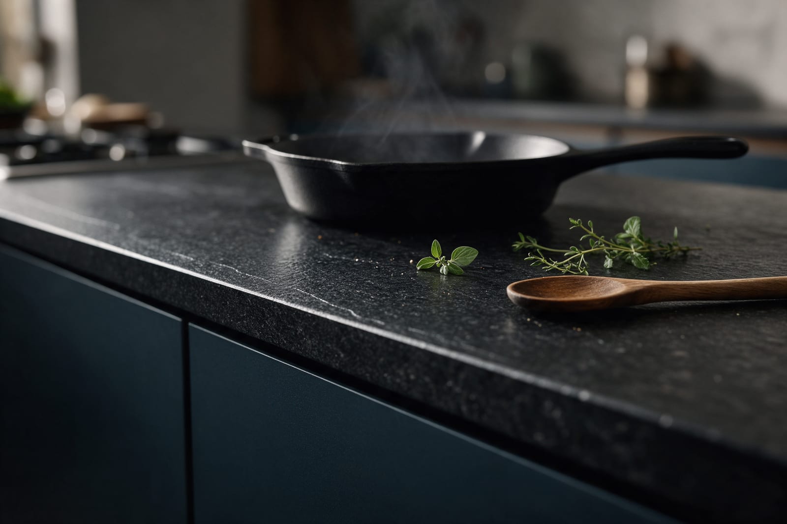 A hot cast-iron pan set straight down on a flamed black granite worktop.
