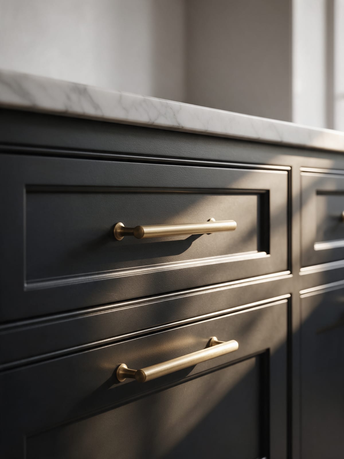 Near-black framed fronts with brass bar handles under a honed marble worktop.