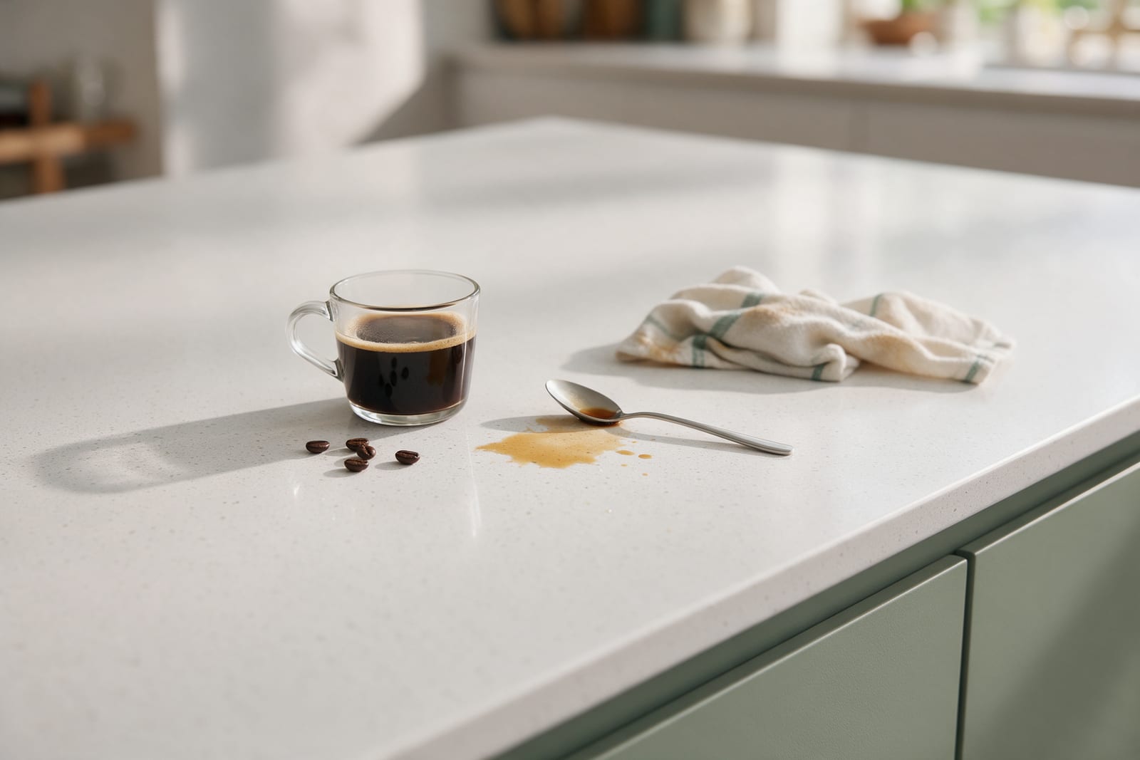 A white quartz worktop with a cup of coffee and a spill wiped up, sage fronts below.