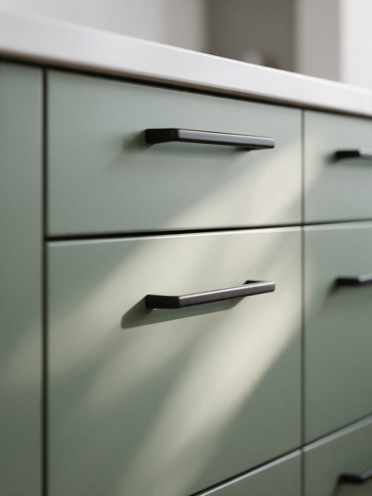 Sage green drawers with long black bar handles under a white quartz worktop.