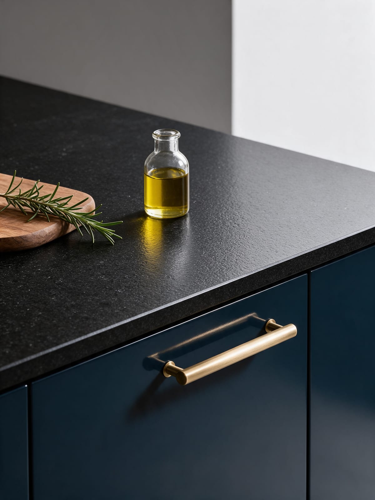 Flamed black granite with a bottle of olive oil and rosemary above an ink-blue front with a brass handle.