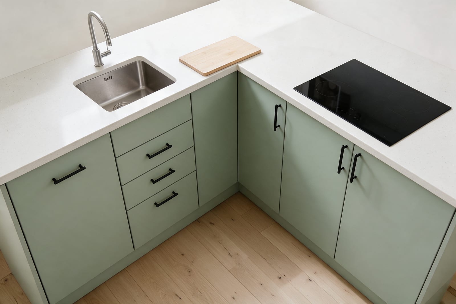 The inside corner of an L-shaped kitchen from above: a sink on one leg, a hob on the other, worktop between.