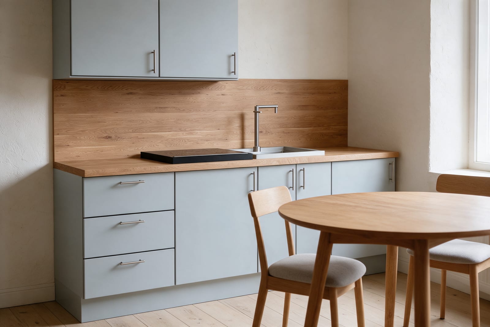 A compact straight kitchen in light grey with an oak worktop and splashback, beside a small round oak dining table.