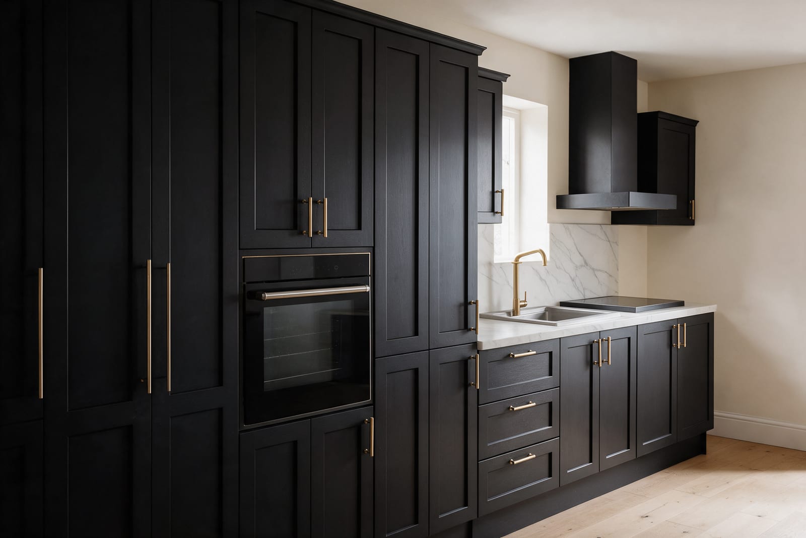 A wall of near-black framed tall cabinets with brass handles and an oven at eye height.