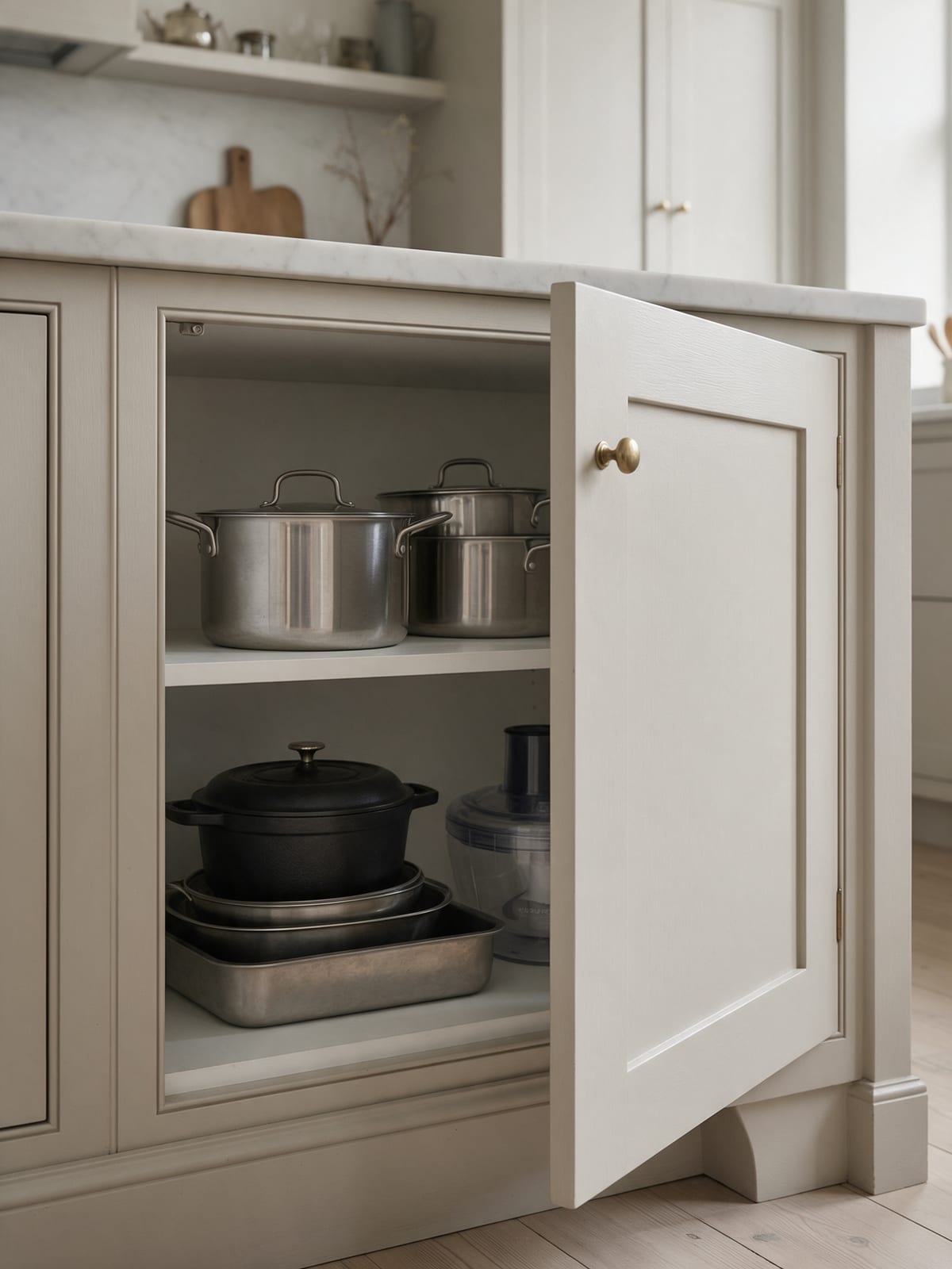 An open corner cabinet with a linen-white framed door, stacked pots, a casserole and a roasting tin inside.