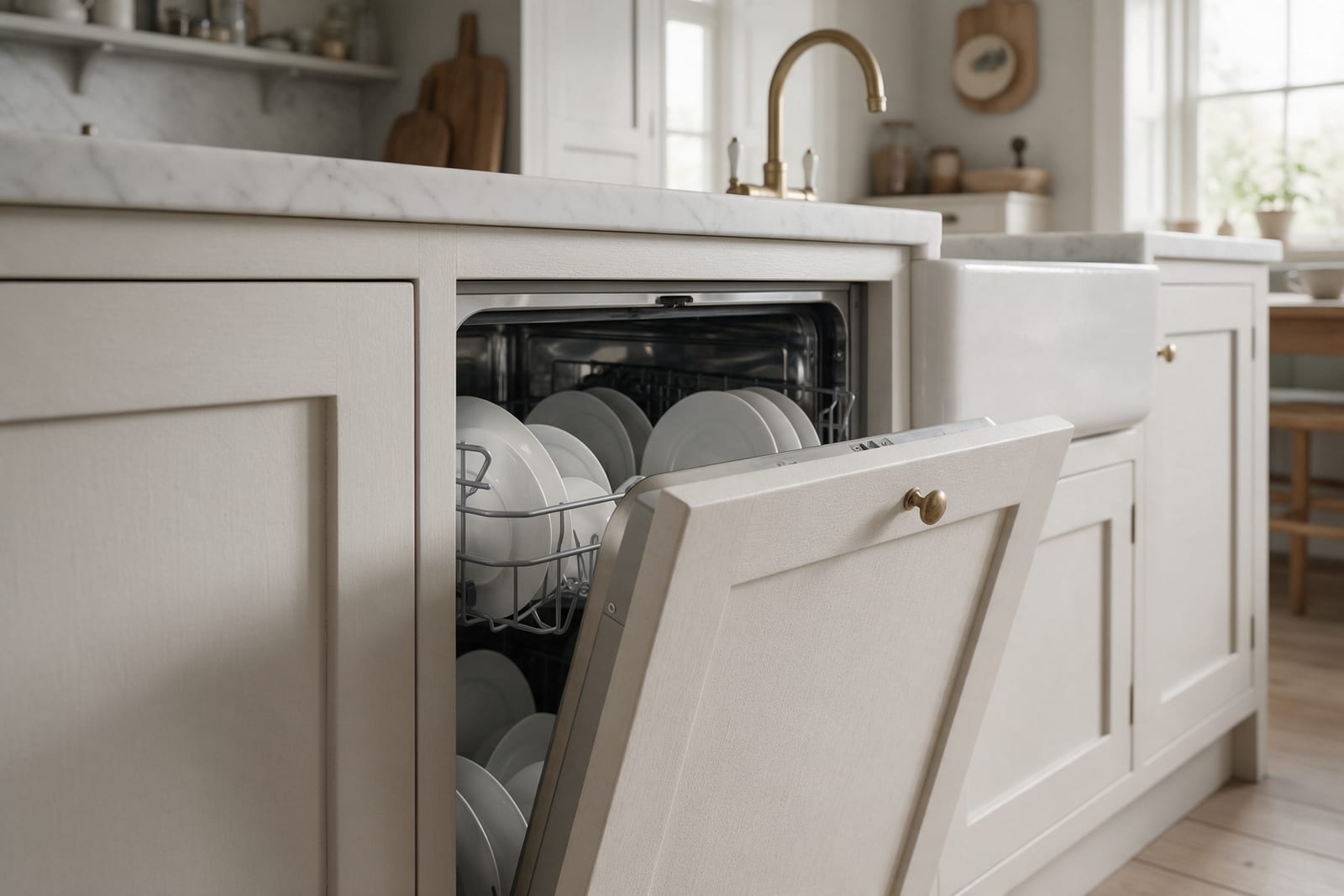 An integrated dishwasher behind a linen-white framed front, open beside a ceramic sink and brass tap.