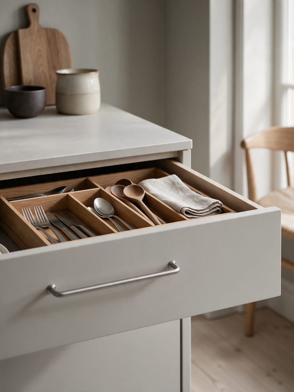 An open drawer with a light grey front and steel bar handle, holding cutlery and wooden spoons in an oak organiser.
