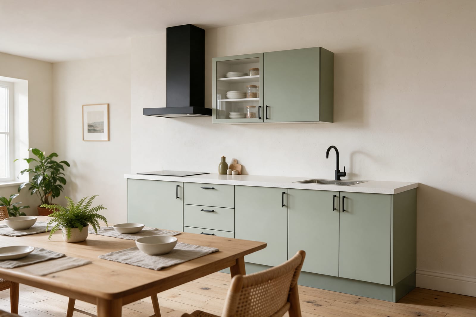 An open L-shaped kitchen in sage green with black handles and a white quartz worktop, seen from the dining table.