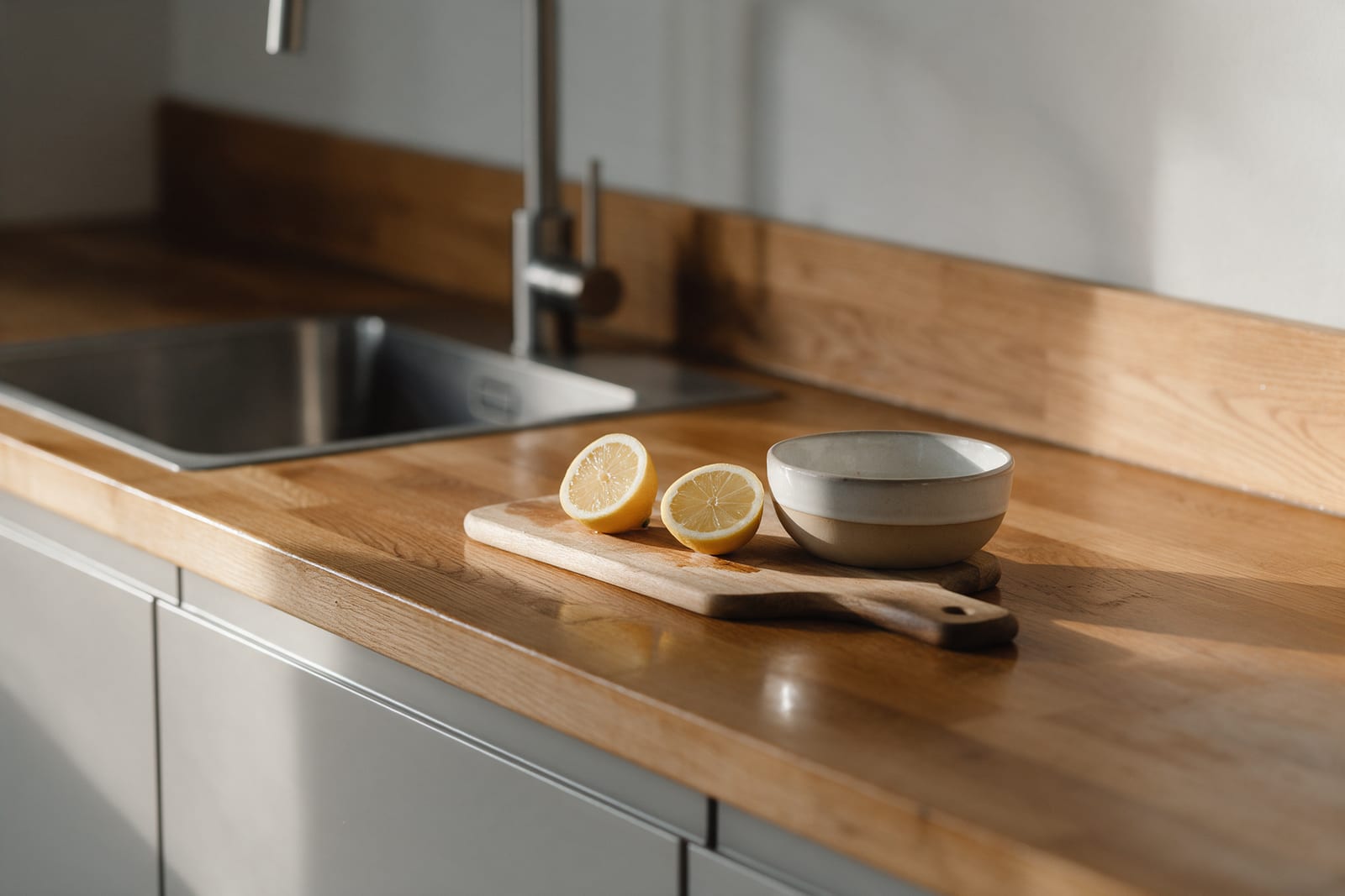 An oiled oak worktop with a chopping board and lemons, a steel sink and tap behind.