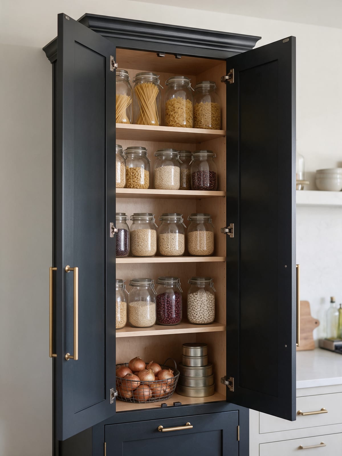 An open near-black pantry with jars of pasta, grains and beans on five shelves.