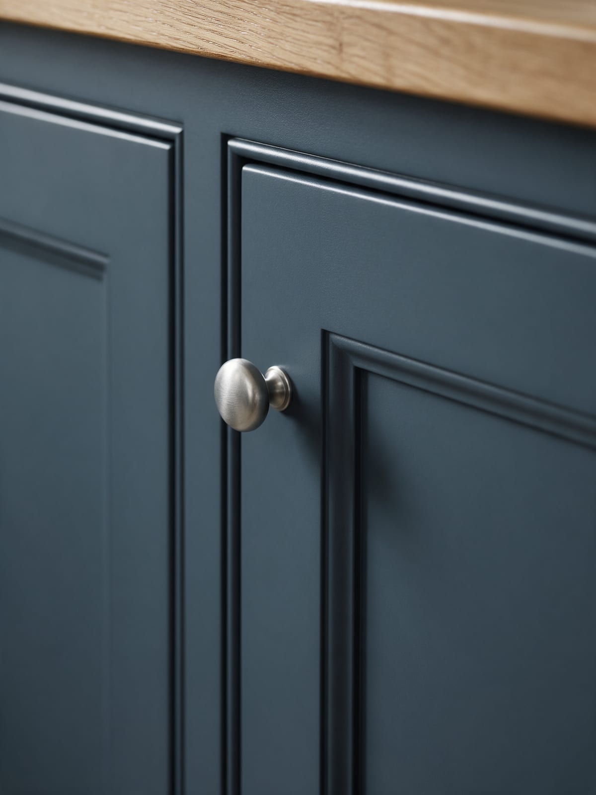A harbour blue framed shaker front with a brushed steel knob.