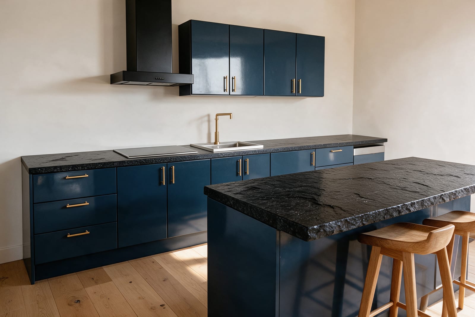 A kitchen island in deep ink blue with brass handles and a black granite top, two oak stools at the overhang.