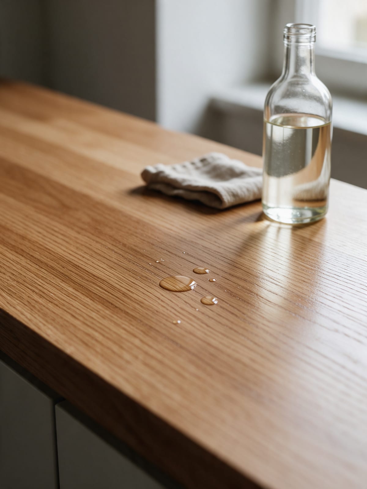 Water beading on an oiled solid oak worktop, a linen cloth and a bottle of oil.