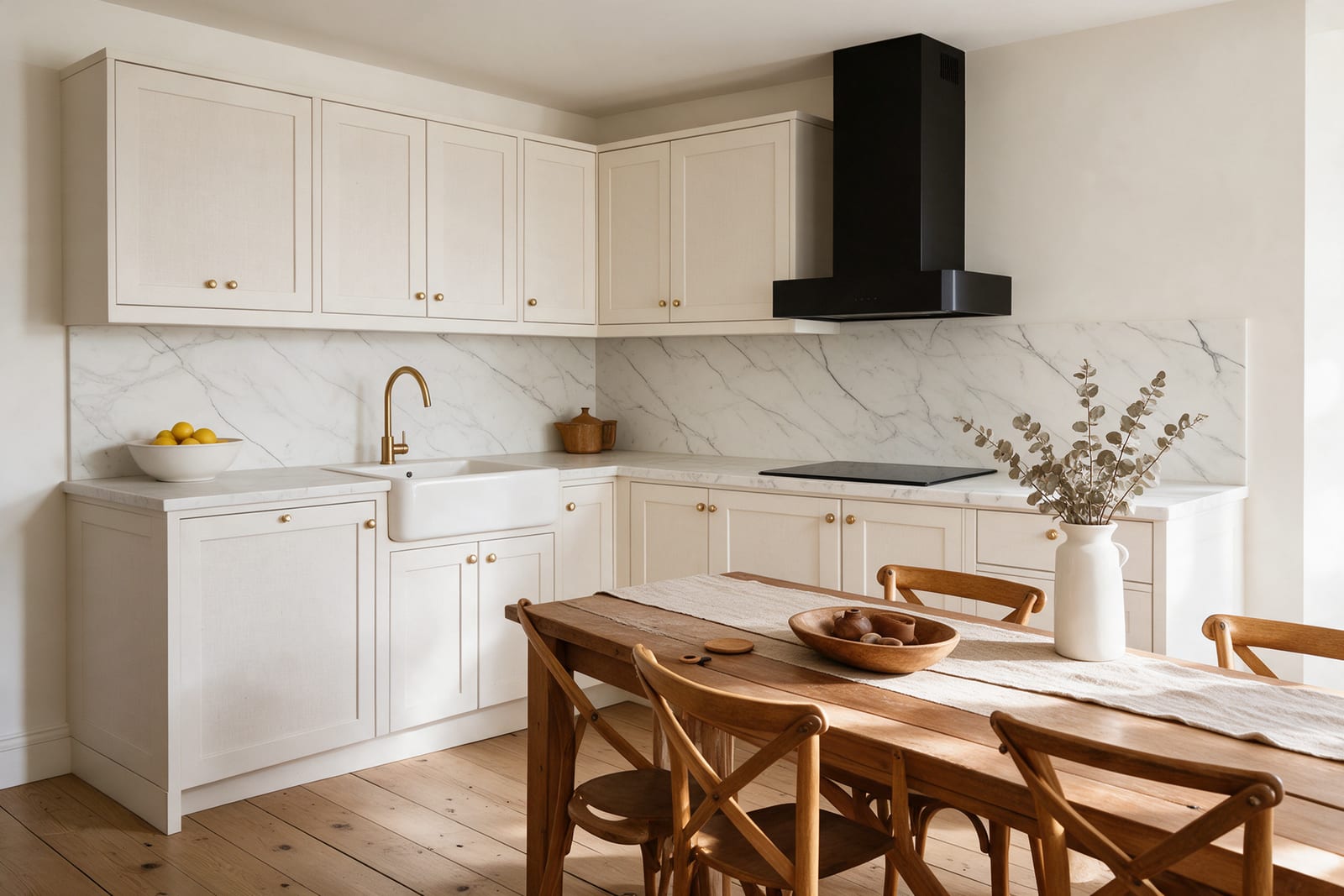 An L-shaped kitchen with linen-white framed fronts, brass knobs, a marble worktop and a long wooden dining table.