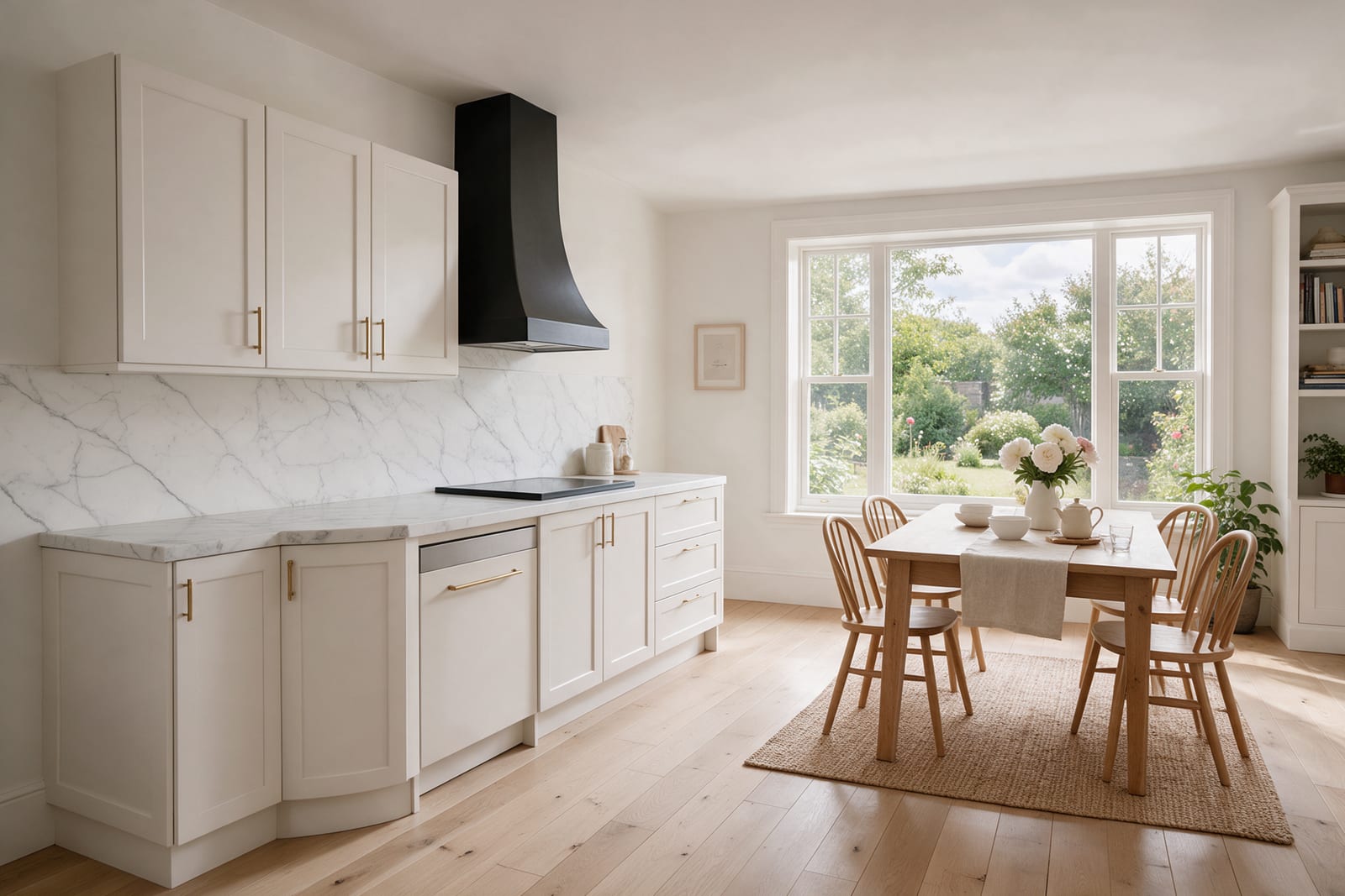 An L-shaped kitchen opening onto a dining area with a wide walkway.
