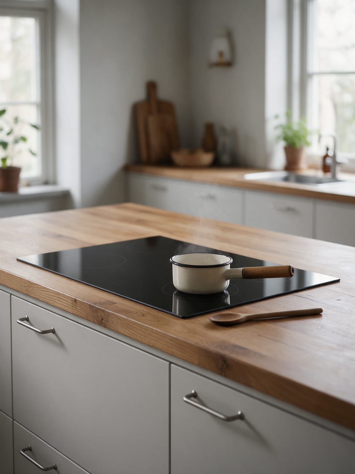 A black flush hob set into an oak worktop, a small pan on one zone, light grey fronts below.