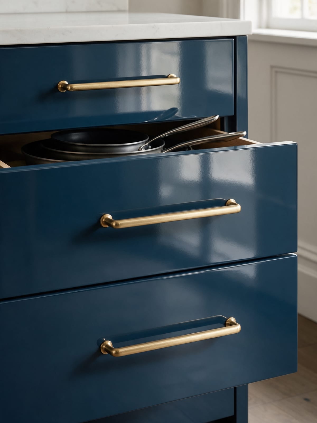 Three glossy ink-blue drawers with brass bar handles, the top one open with pans inside.