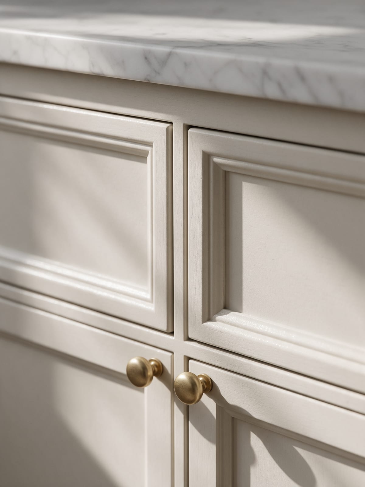 Linen-white framed shaker fronts with small brass knobs under a honed marble worktop.