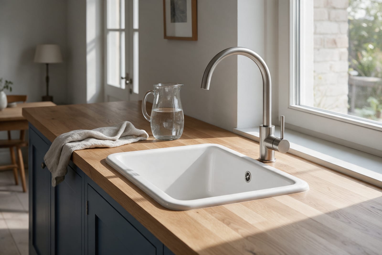 A white ceramic sink and steel tap in an oak worktop beside a window.
