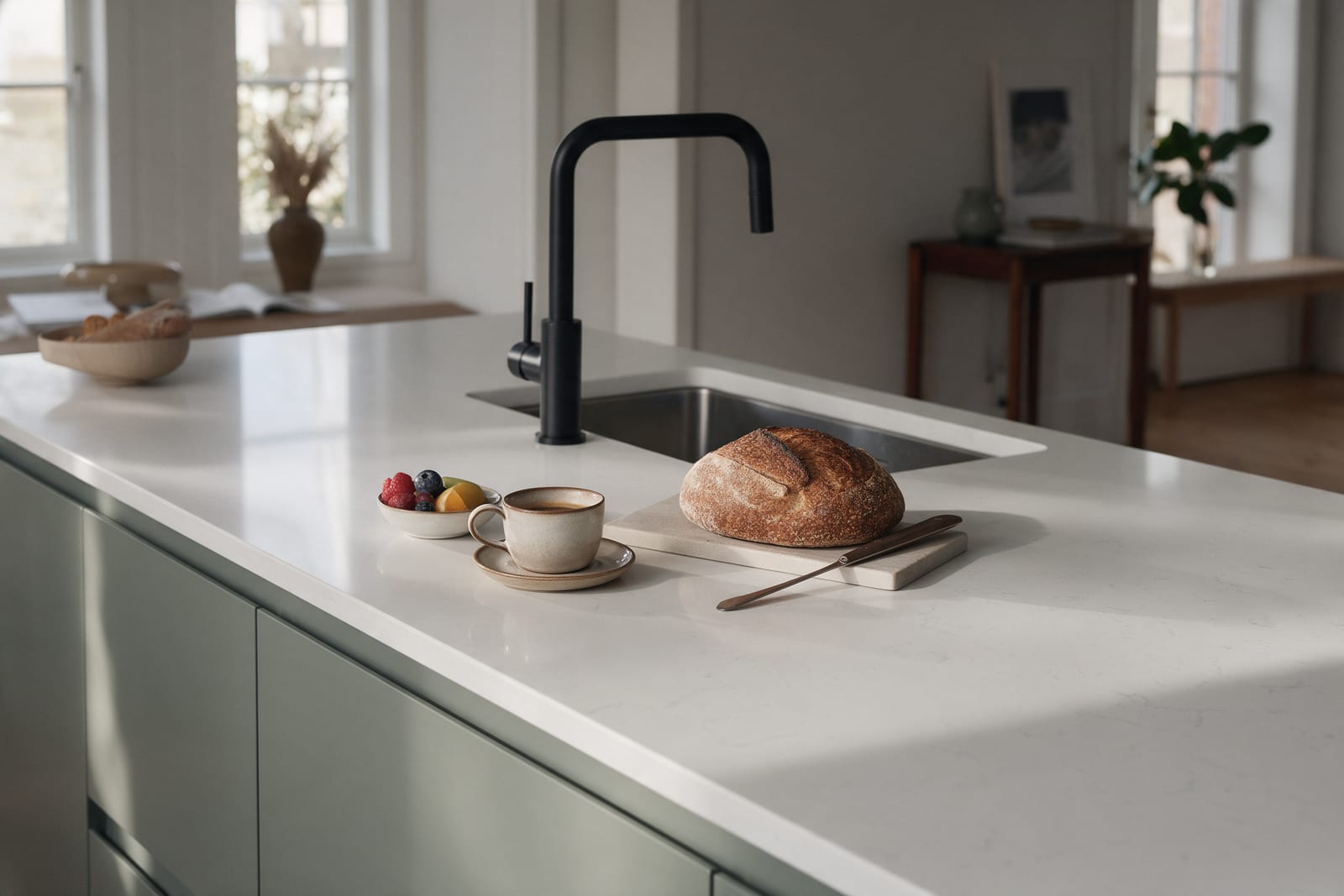 Breakfast on a white quartz worktop: coffee, sourdough and fruit, a black tap behind.