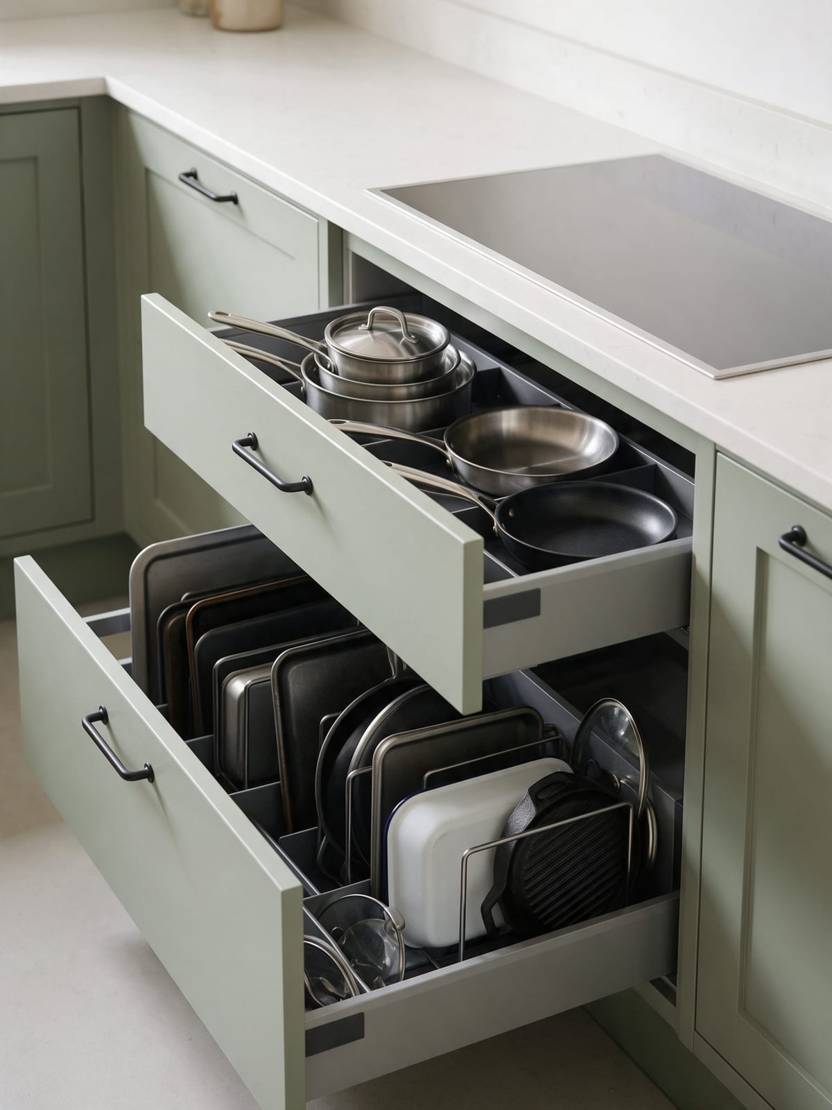 Deep drawers open beside a flush hob, holding pans and lids.