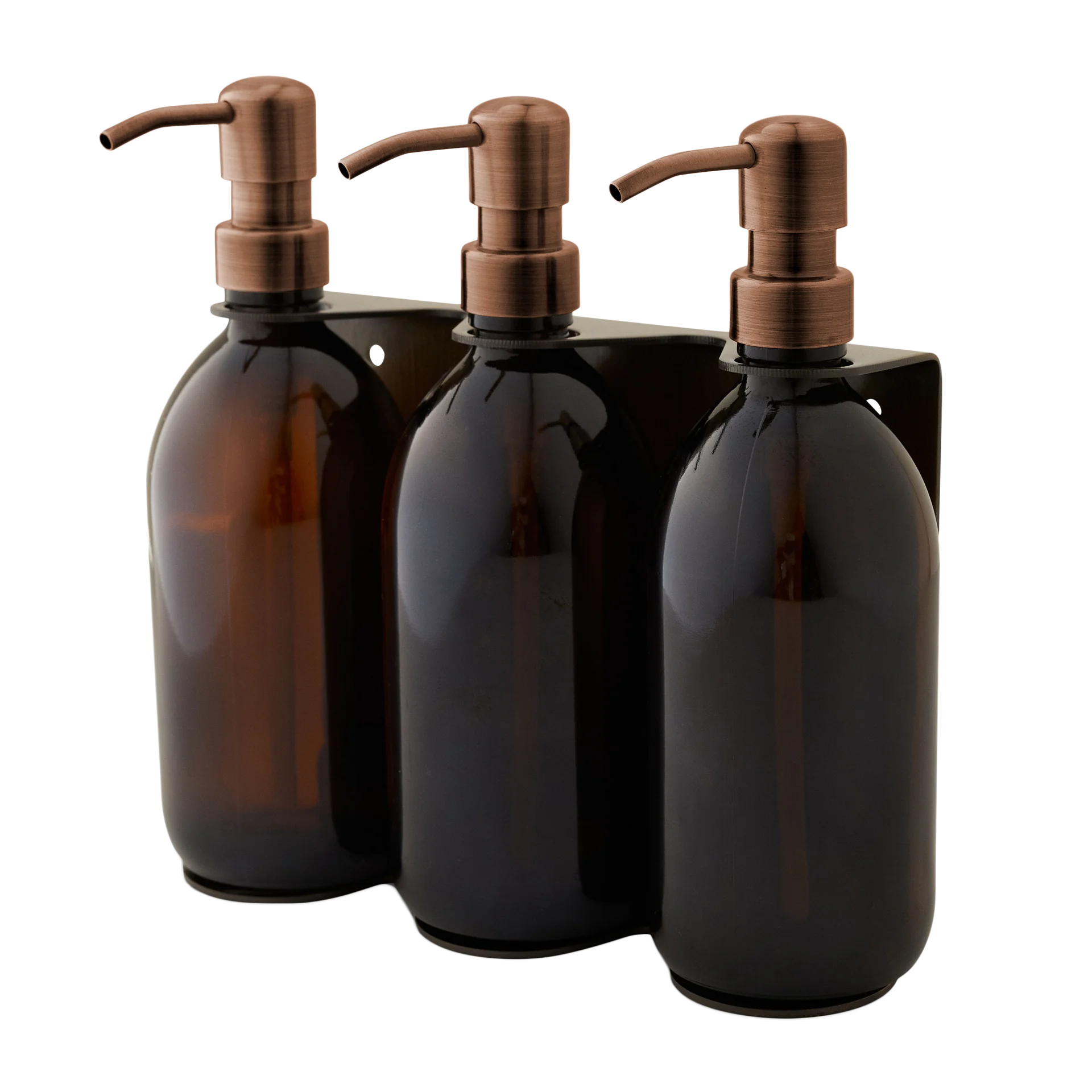 Gold Triple Refillable Wall Mounted Soap Dispenser with amber dispensers and Bronze pumps