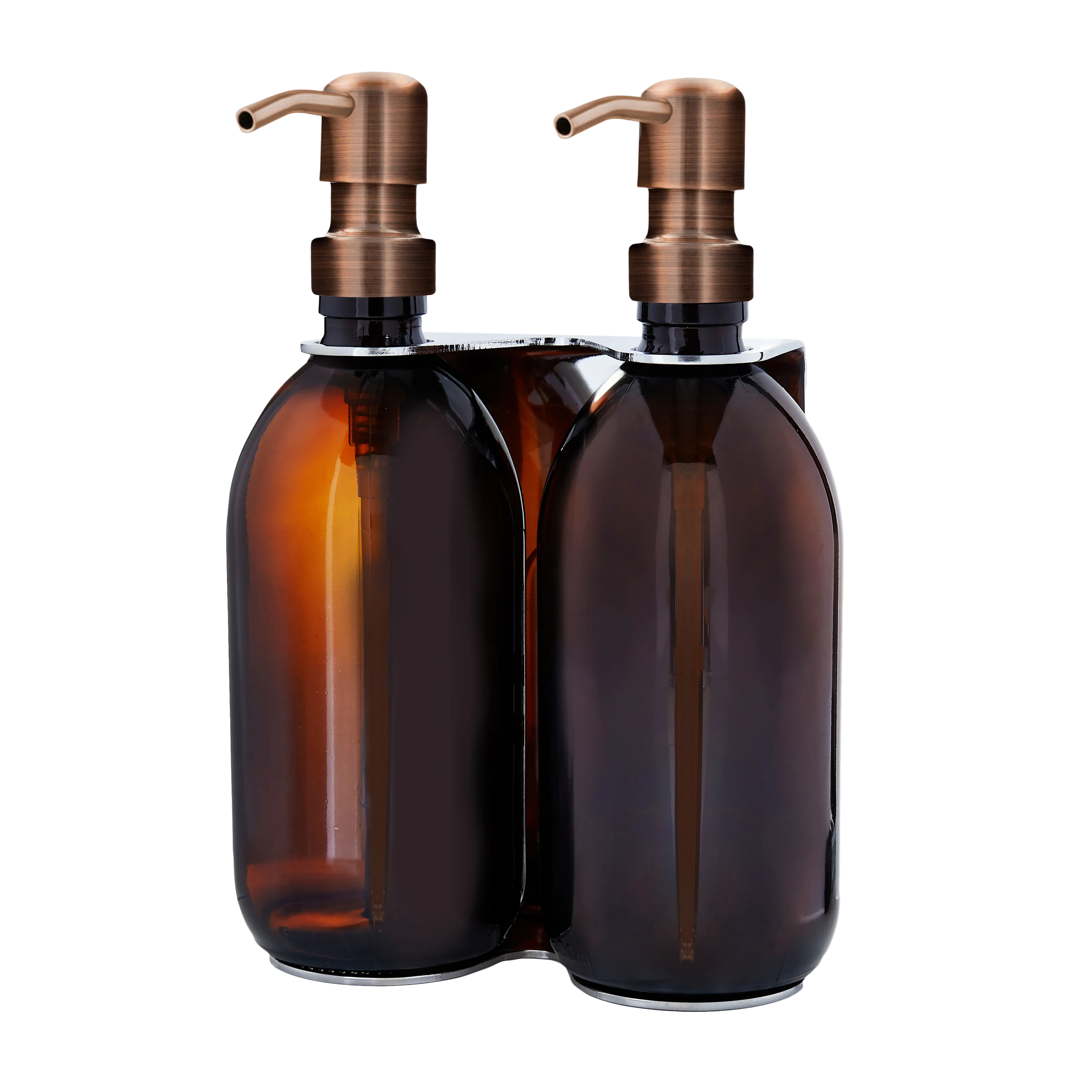 Verchromter doppelwandiger Spender mit bernsteinfarbener 500-ml-Flasche und bronzefarbenen Pumpen