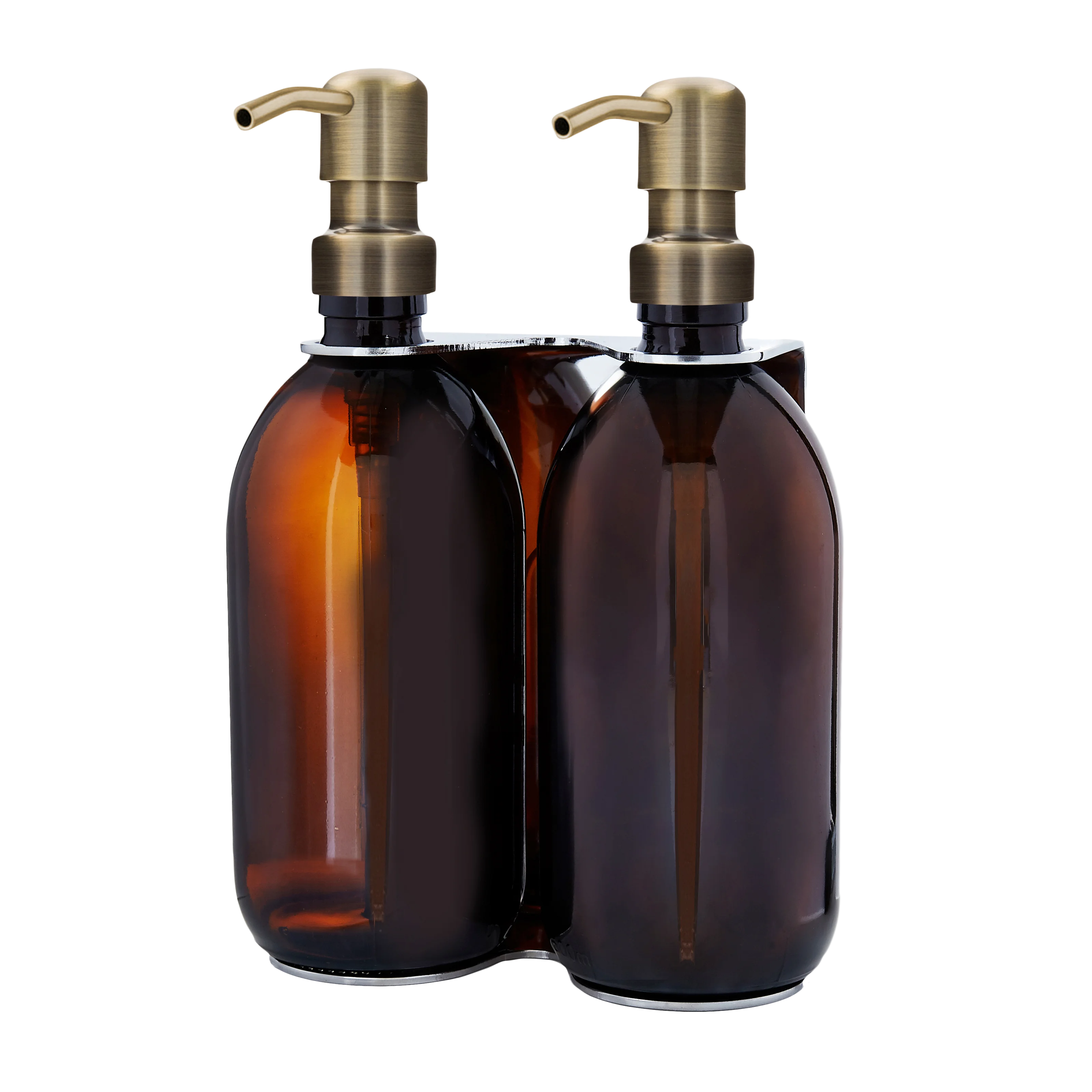 Verchromter doppelwandiger Spender mit bernsteinfarbenen 500-ml-Flaschen und goldenen Pumpen