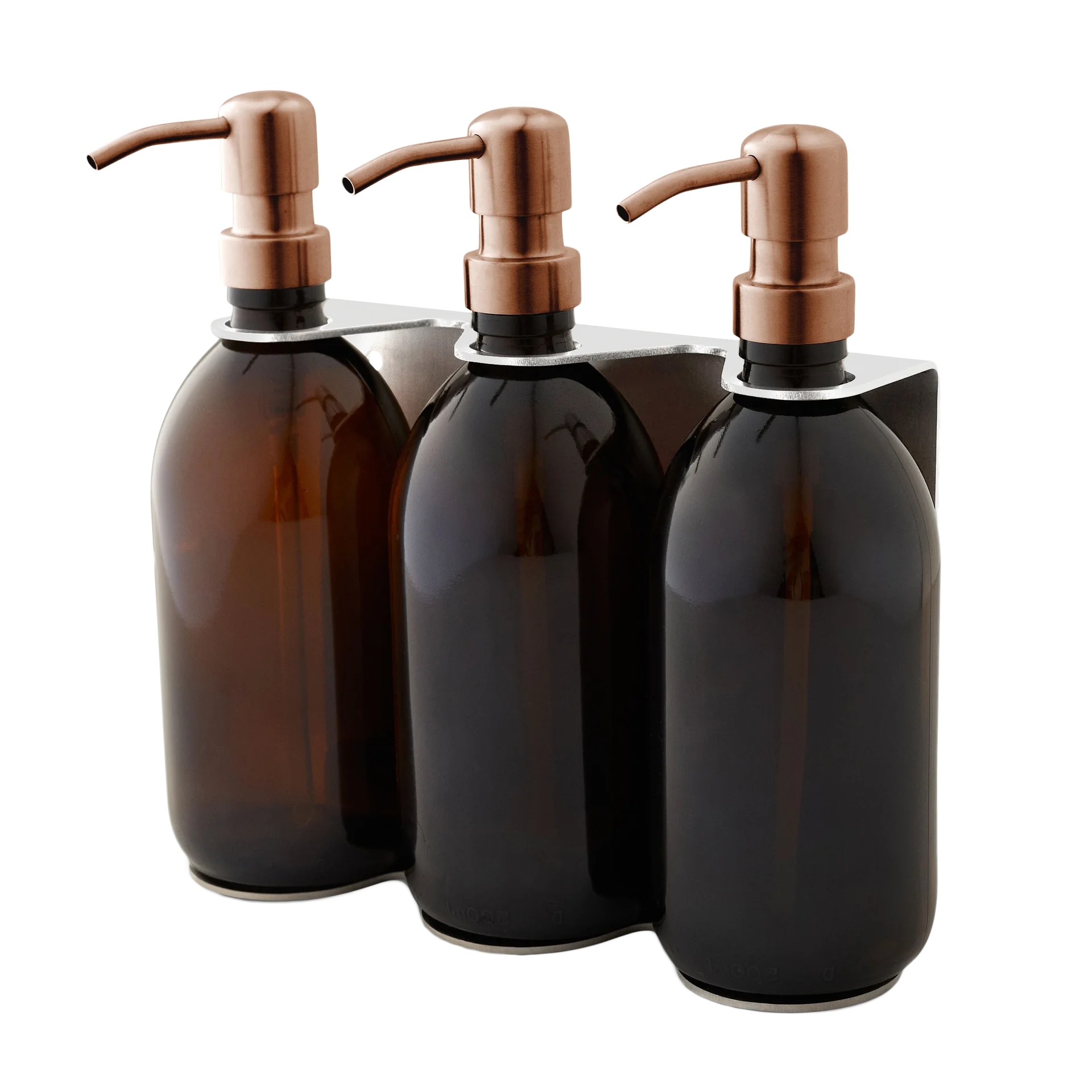 Distributeur de savon triple mural chromé 250 ml bouteilles ambrées et pompe en bronze