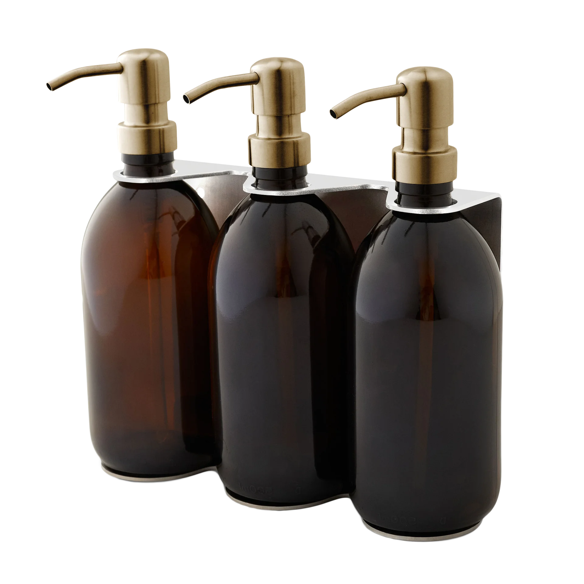 Wandmontierter dreifacher Seifenspender aus Chrom, bernsteinfarbene Flaschen mit 250 ml und goldener Pumpe
