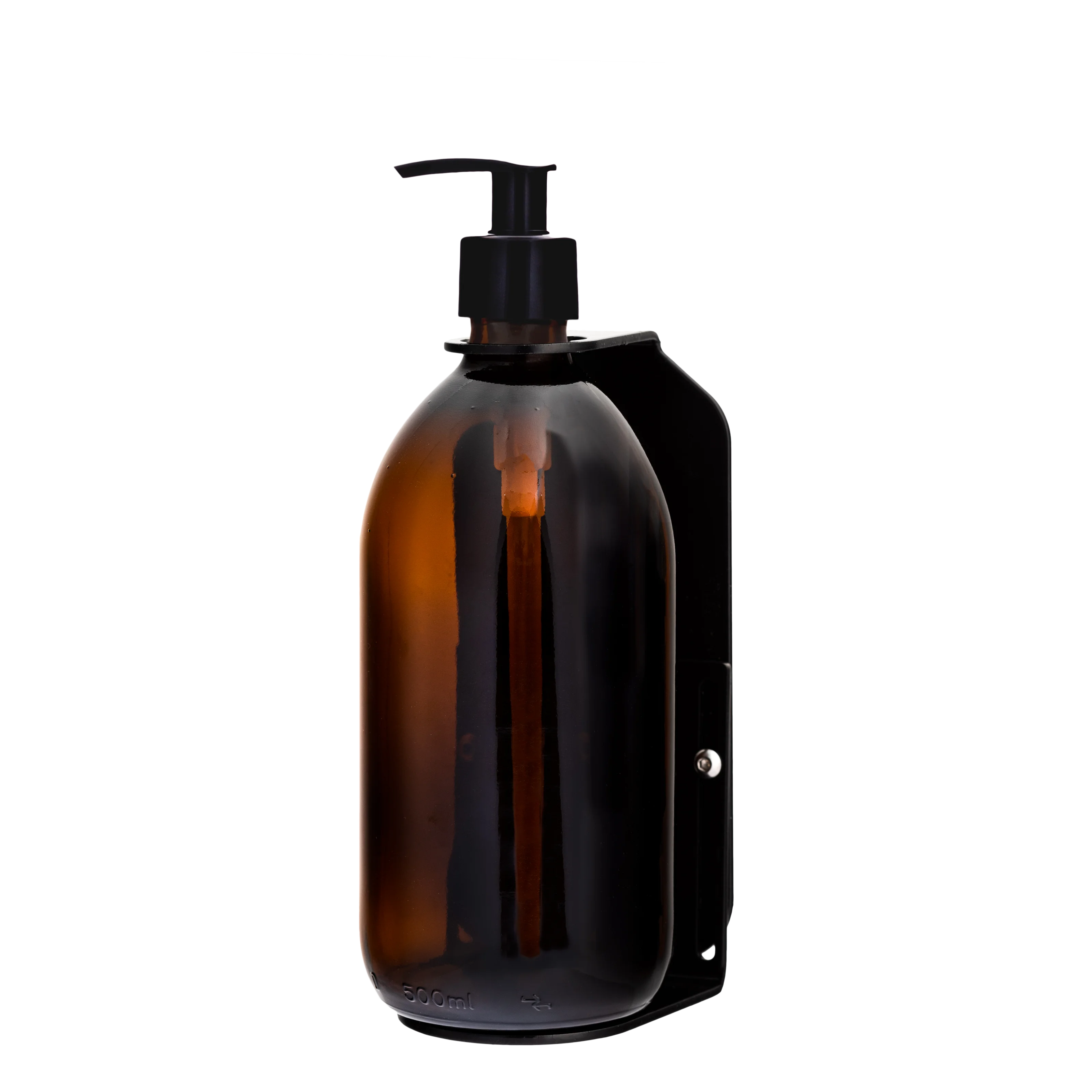 Dispensador de jabón de pared simple negro con botella ámbar de 500ml y bomba de plástico