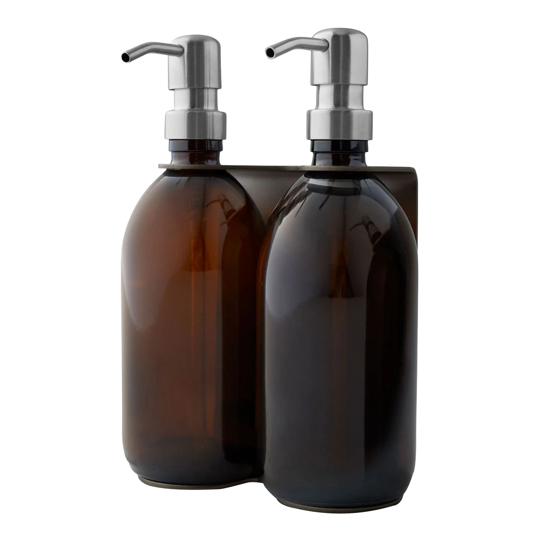 Satin Silver Double Wall Mounted Soap Dispenser with amber dispensers Silver pump