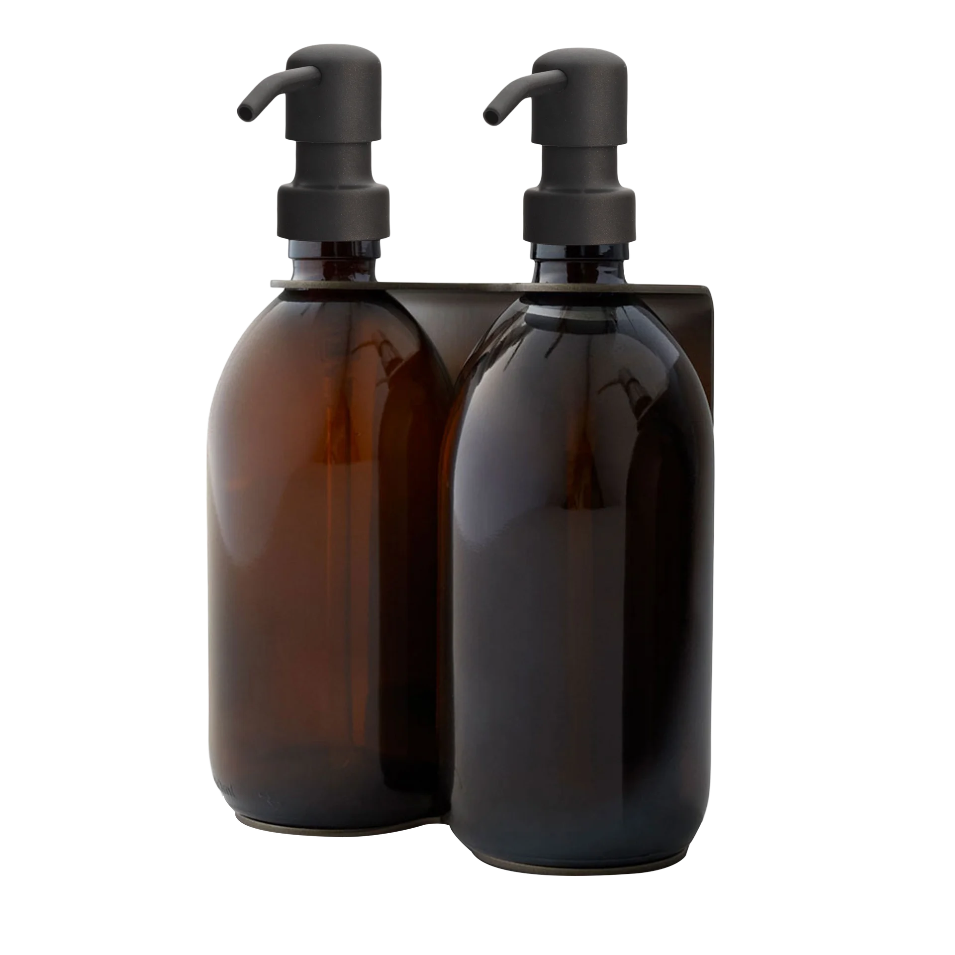 Dispensador de jabón de pared doble de plata satinada con botellas dispensadoras de color ámbar y bomba de metal negro
