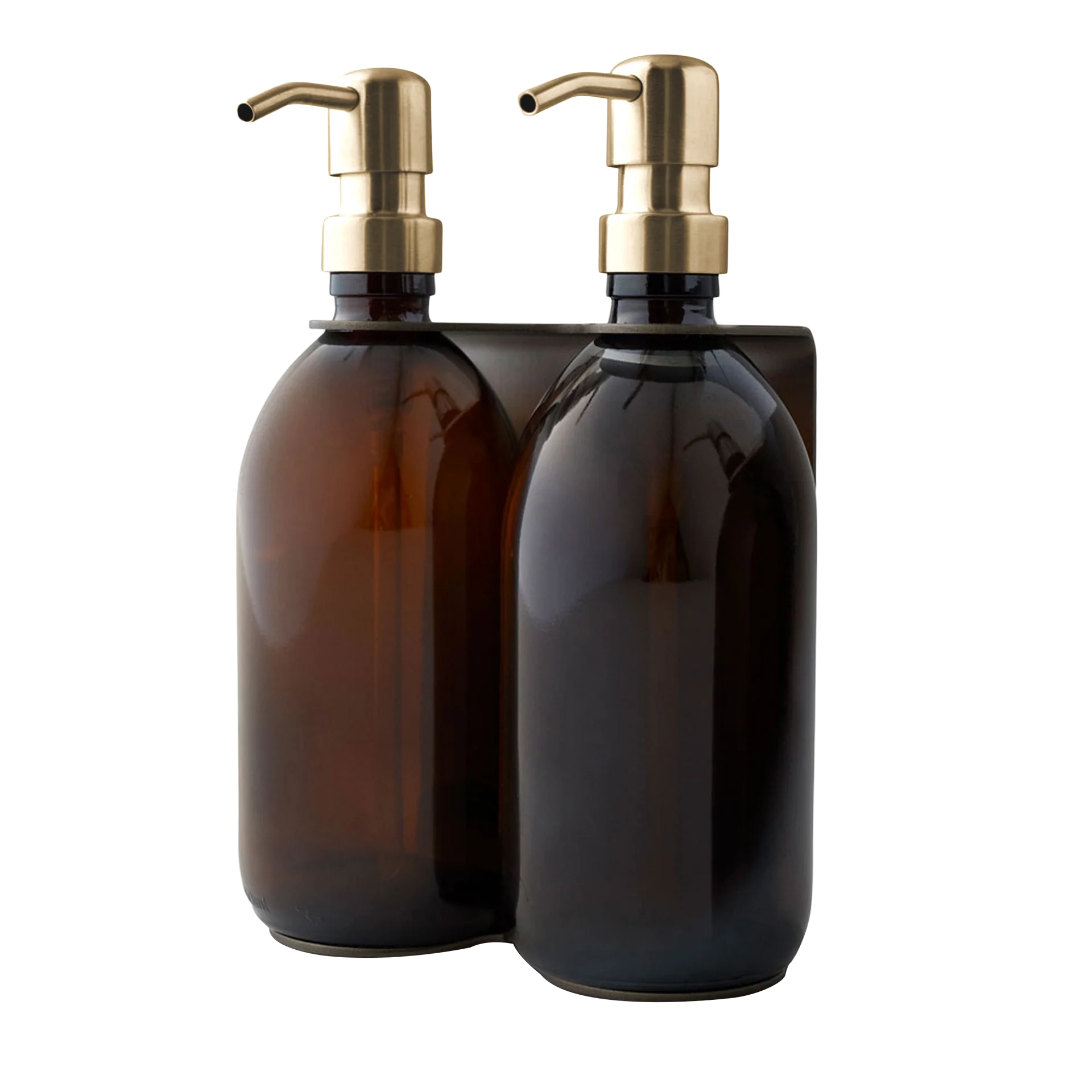 Satin Silver Double Wall Mounted Soap Dispenser with amber bottles and gold pumps