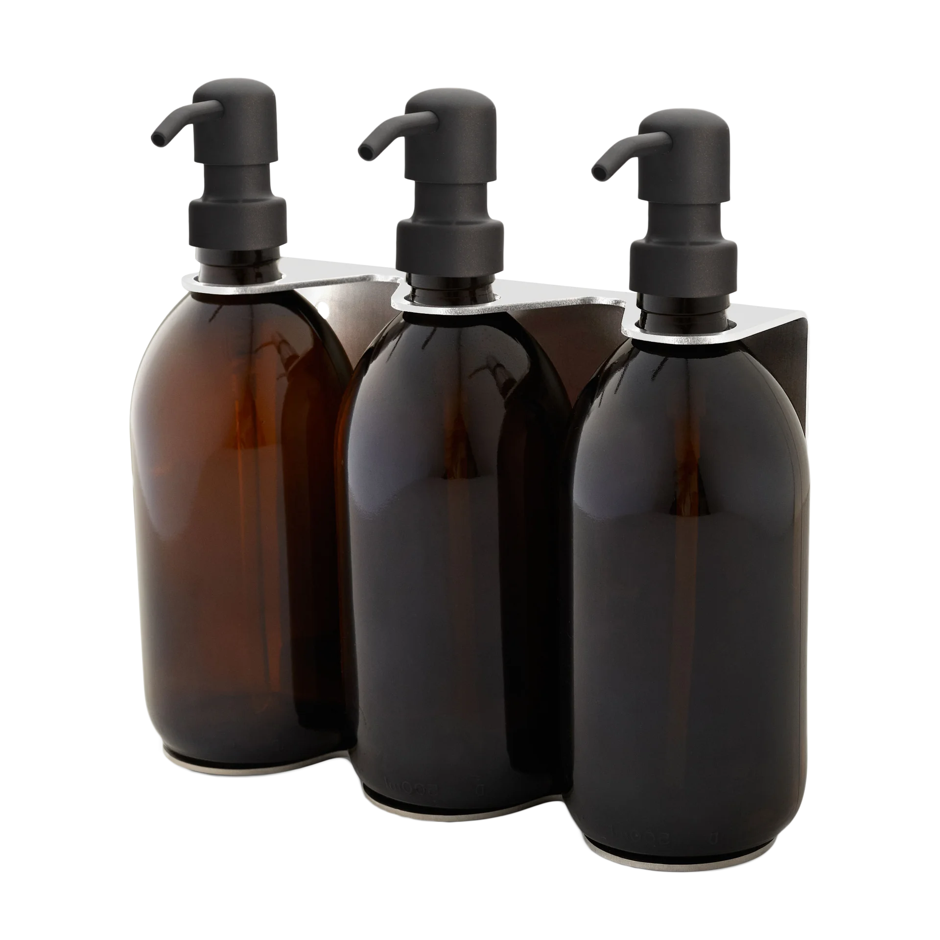 Wandmontierter dreifacher Seifenspender aus Chrom, bernsteinfarbene Flaschen mit 250 ml und schwarze Pumpe