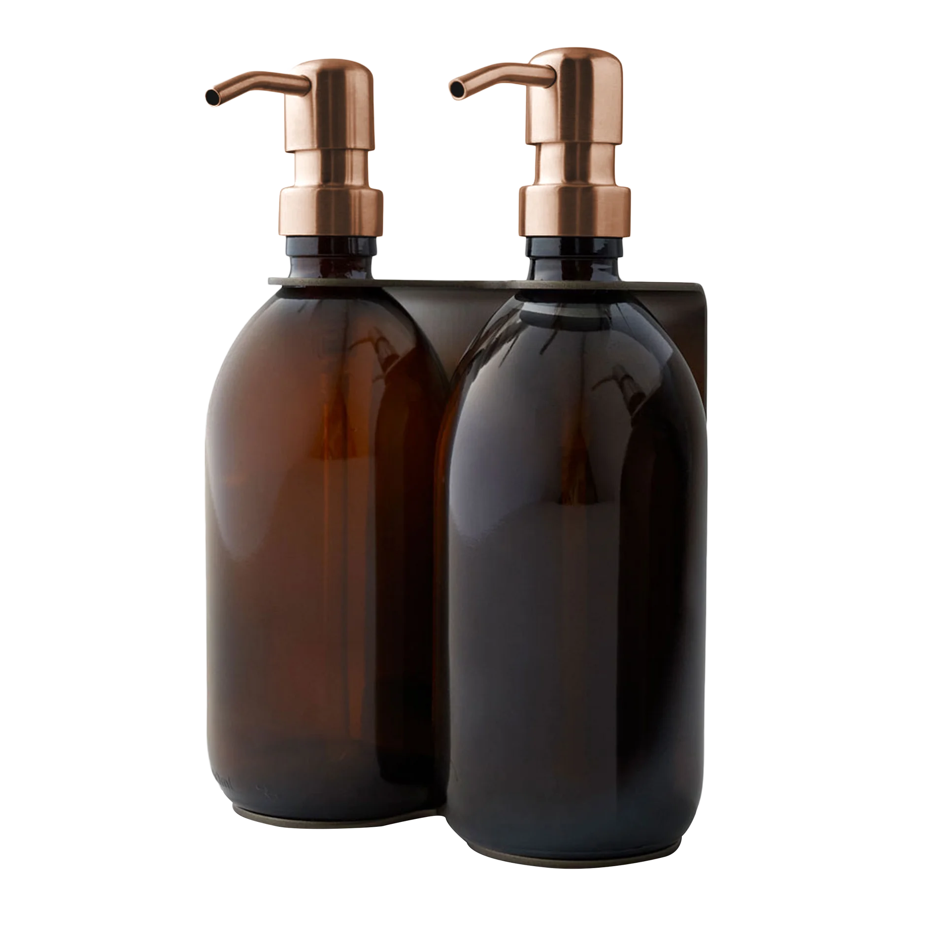 Satin Silver Double Wall Mounted Soap Dispenser with amber dispensers and bronze pumps