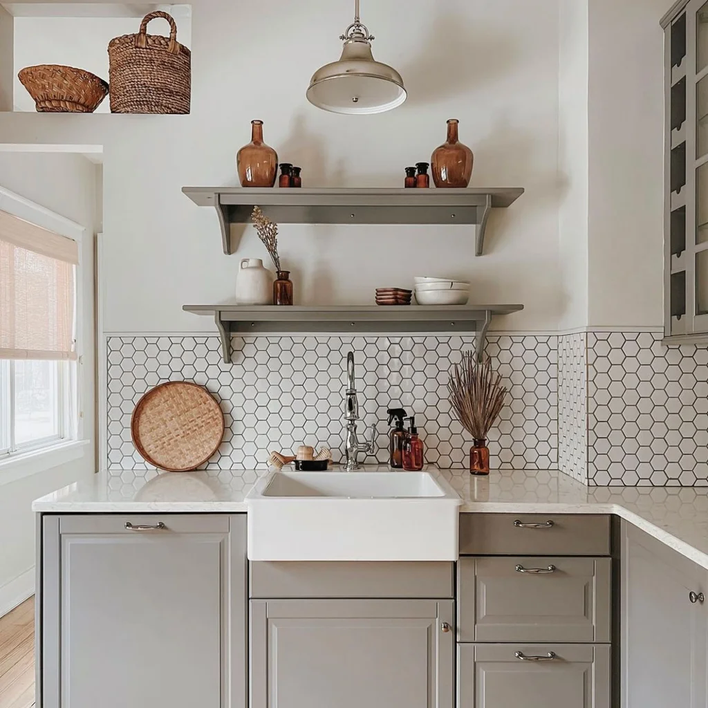 Seifenspenderflasche in einer schönen grauen Küche mit weißer Steinarbeitsplatte