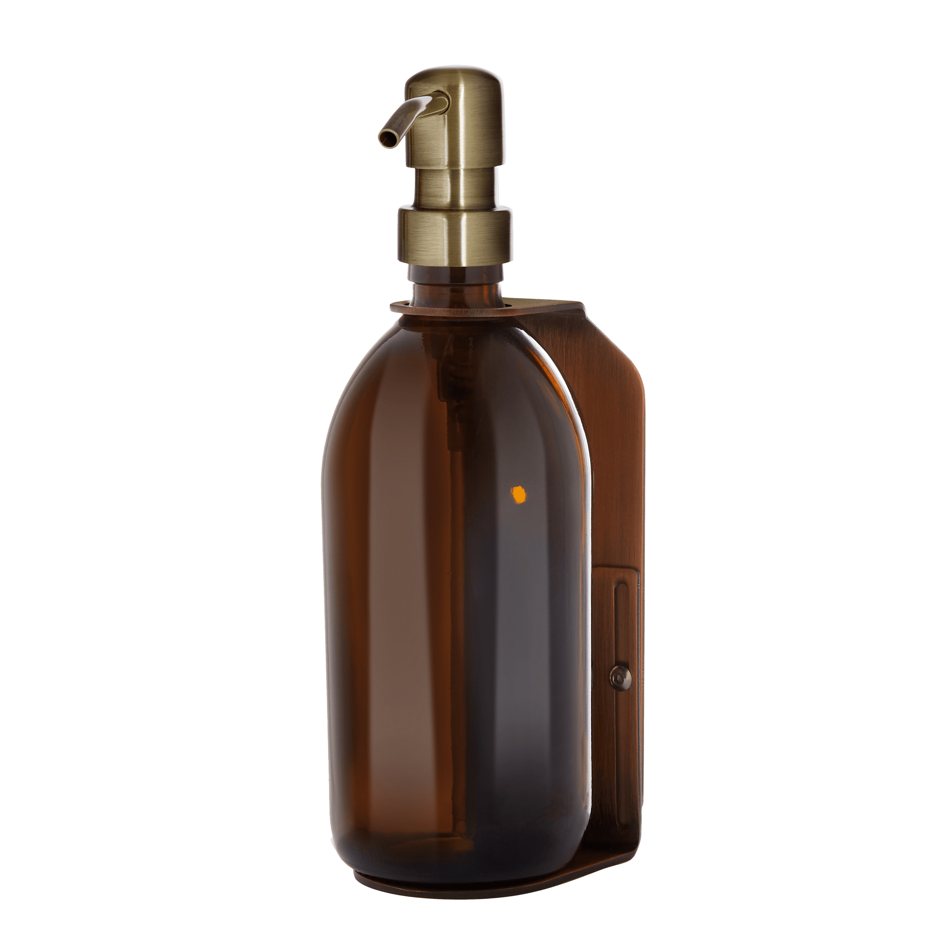 Distributeur de savon mural cuivre avec bouteilles ambres de 250ml et pompe dorée