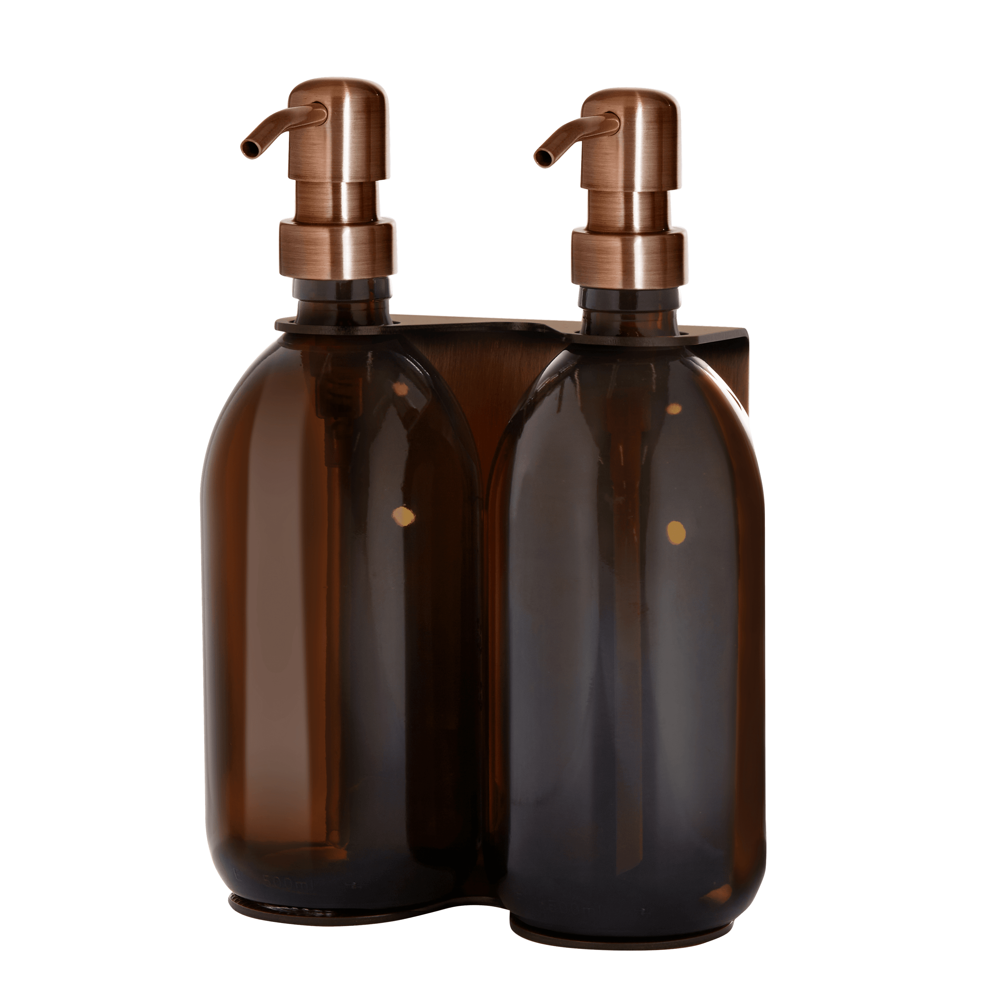 Kupferner Wandseifenspender doppelt mit 250ml bernsteinfarbene Flaschen und Kupferpumpe