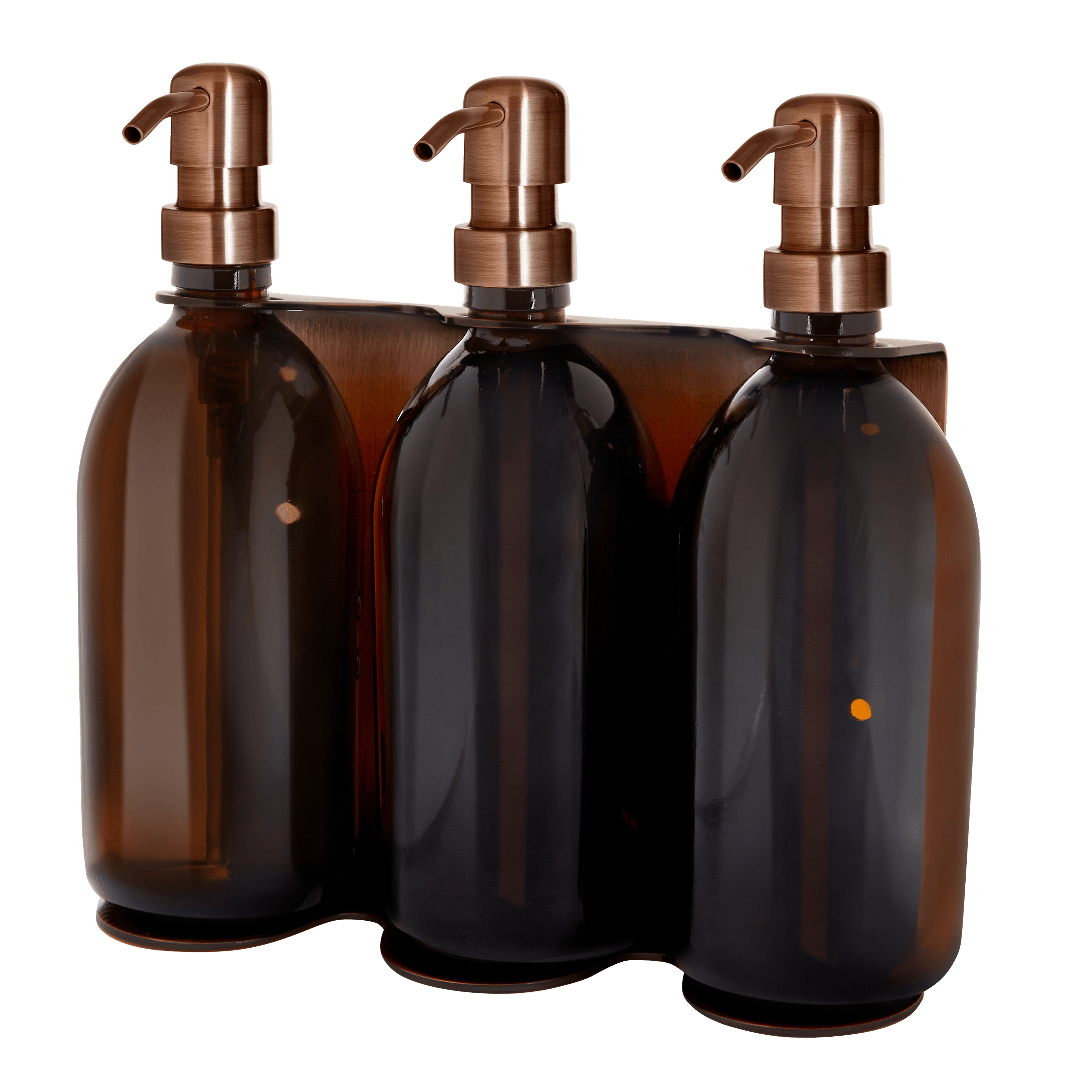 Distributeur triple de savon mural cuivre avec bouteilles ambres de 250ml et pompe en cuivre