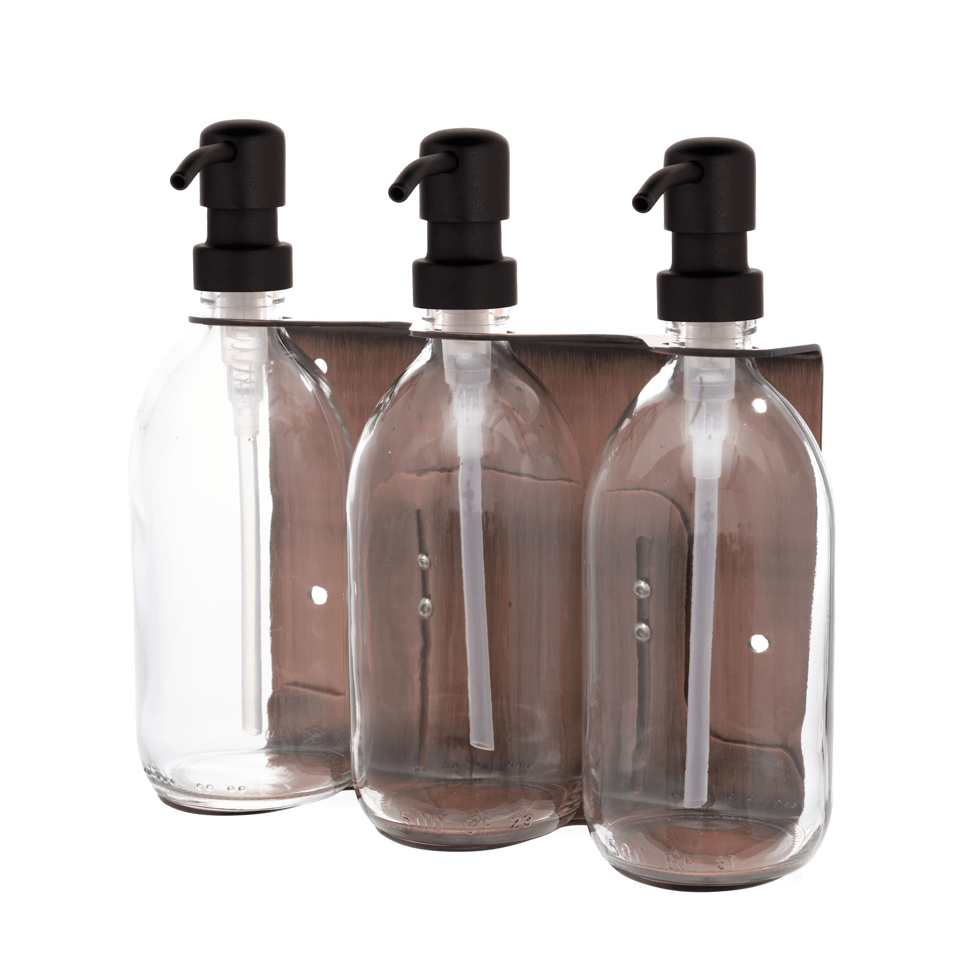 Copper Triple Wall mounted Holder Clear Bottles and Black Pump