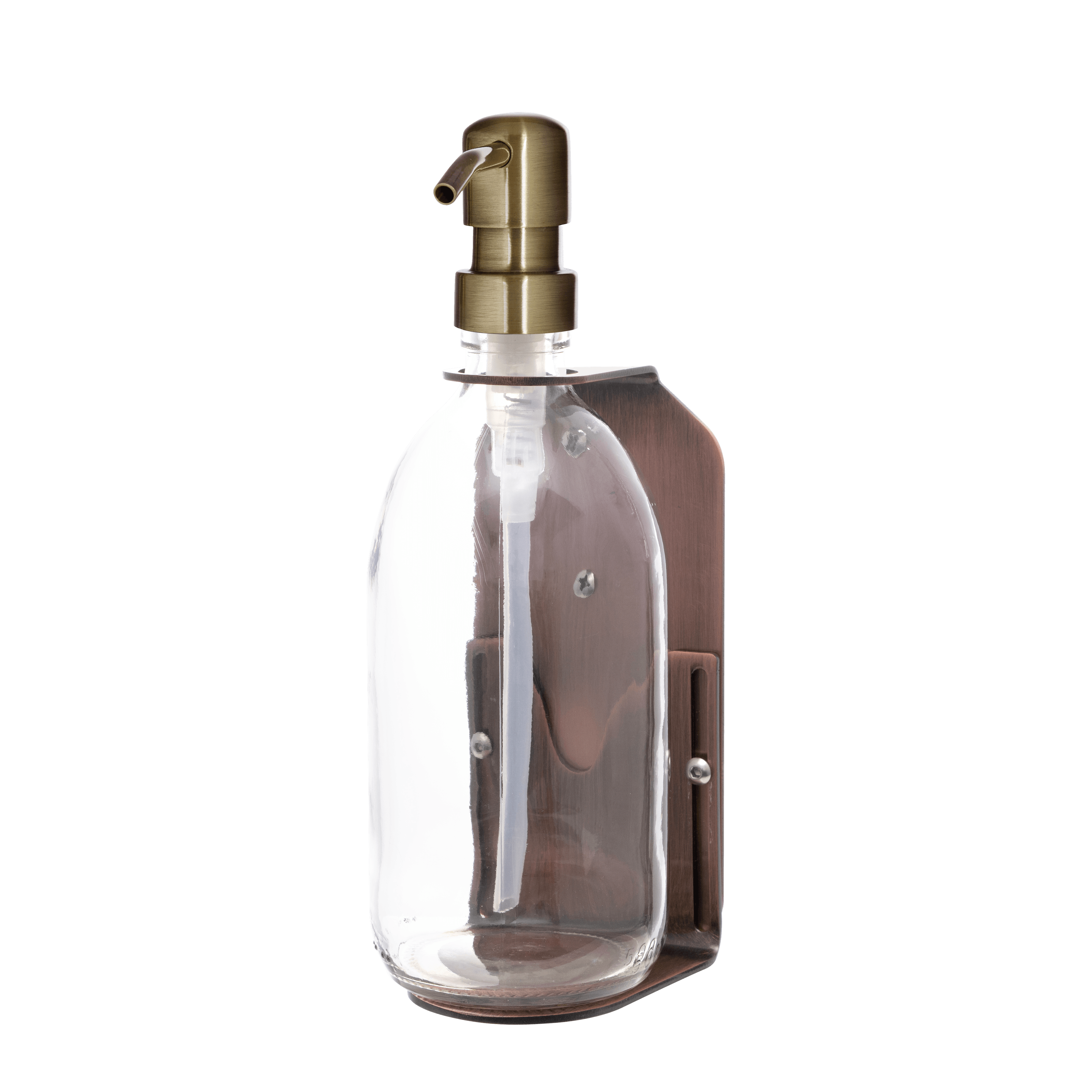 Copper Single Wall mounted Holder Clear Bottles and Gold Pump