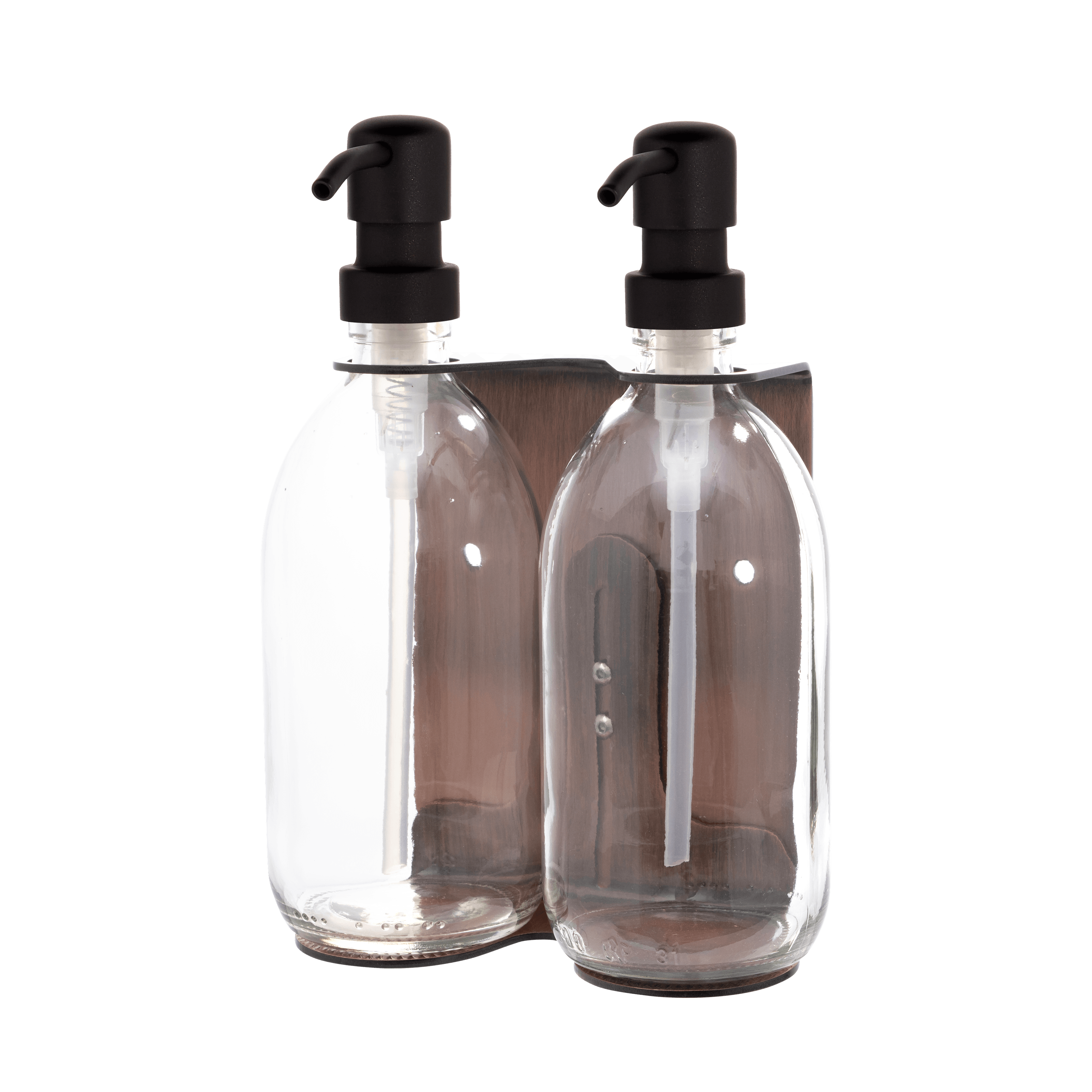 Copper Double Wall mounted Holder Clear Bottles and Black Pump