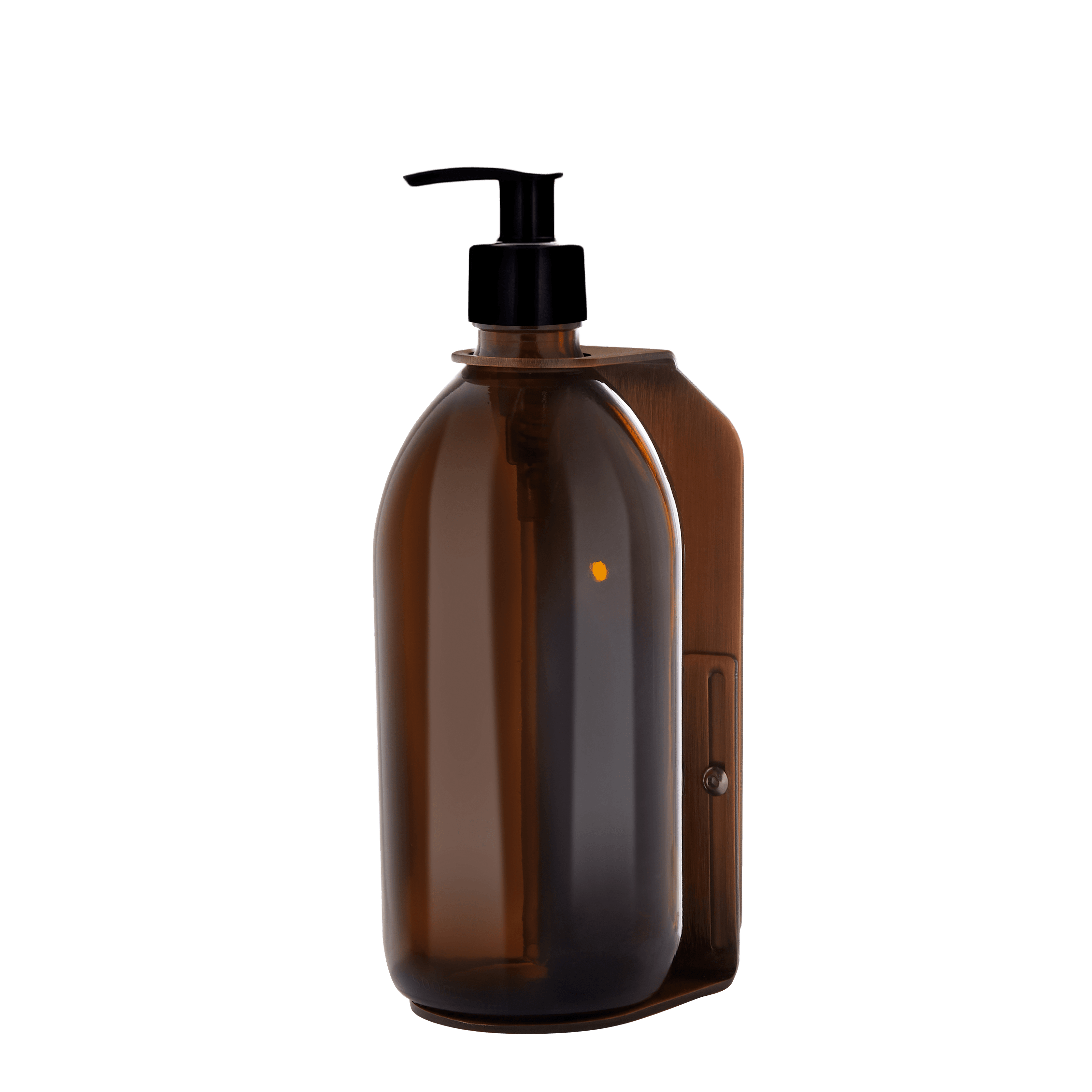 Soporte de pared simple de cobre con botellas de color ámbar y bombas de plástico negro