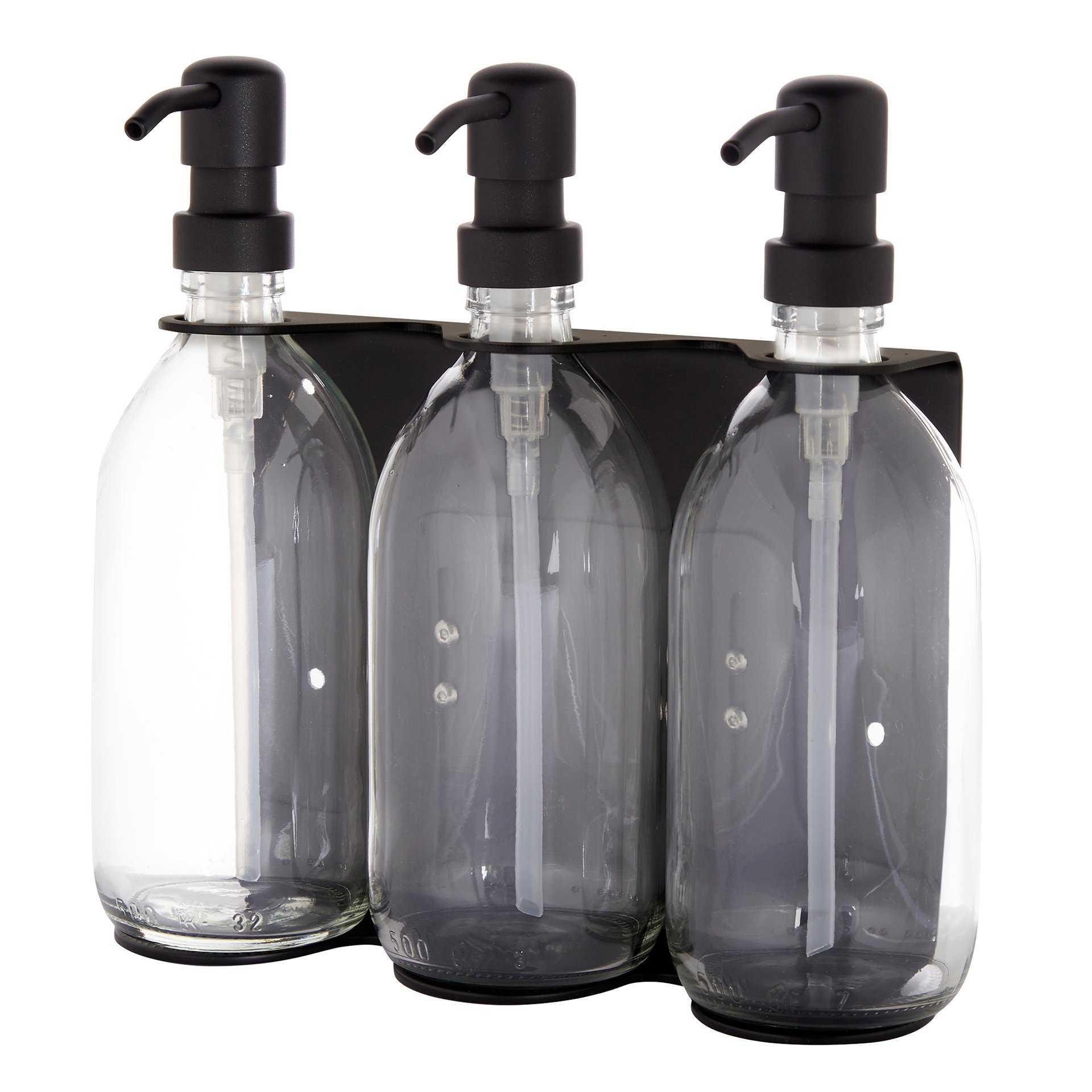 Triple wall mounted soap dispenser in black with clear transparent dispensers and black pumps