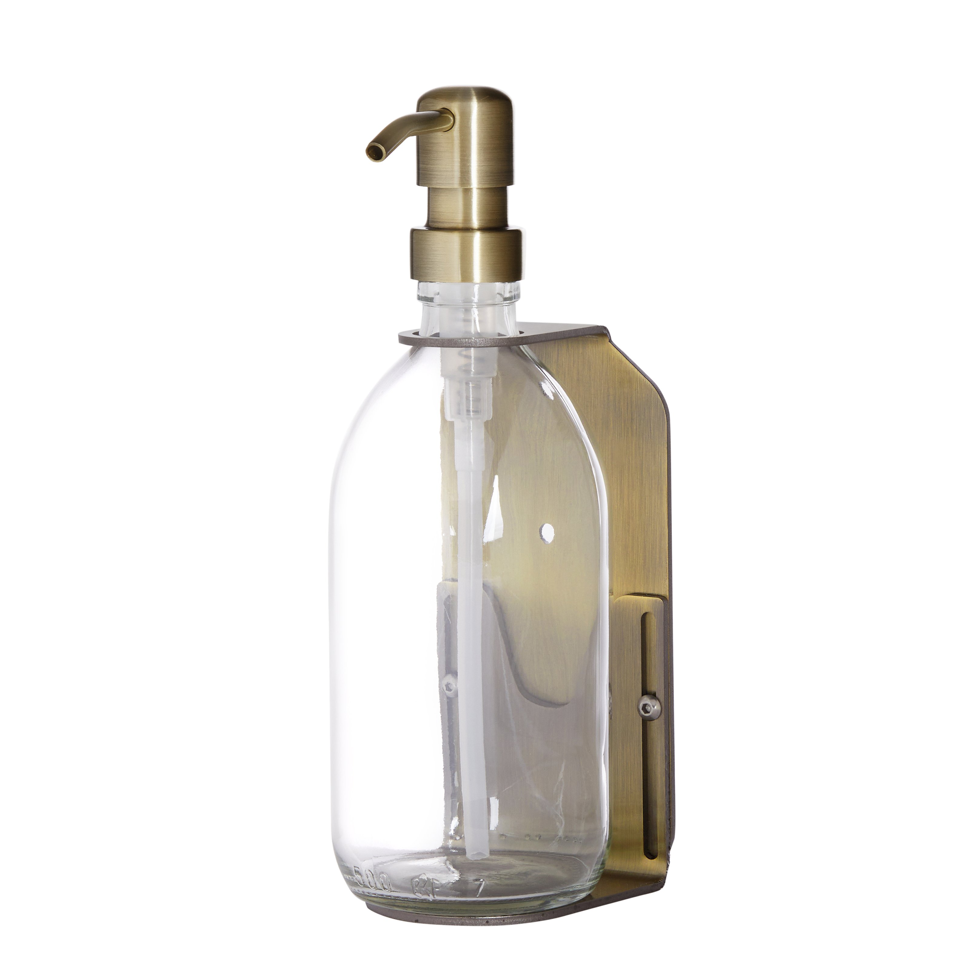 Soporte de pared para botella individual dorado con dispensador de botella transparente y bomba de metal dorado