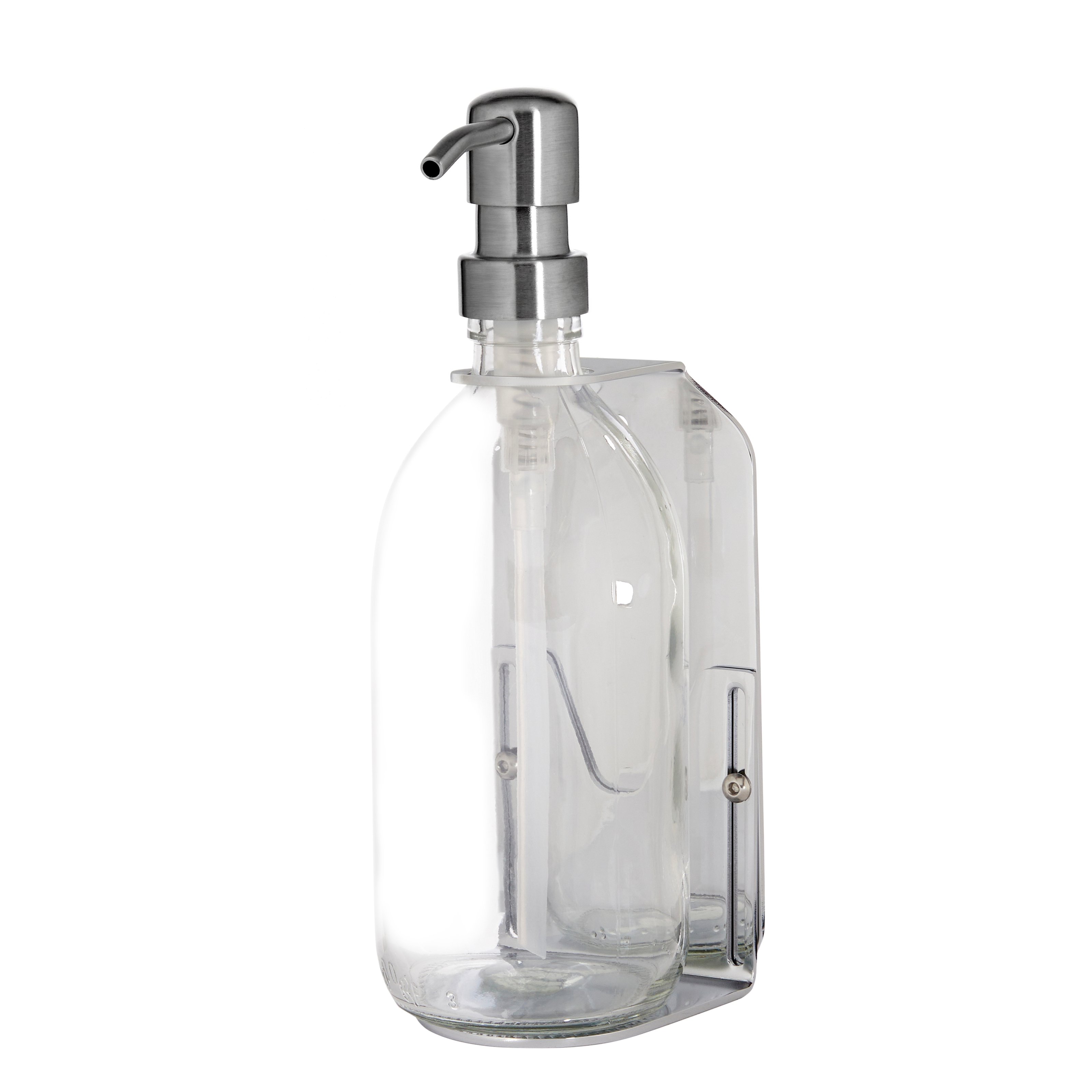 Single chrome wall mounted soap dispenser with clear dispenser and silver metal pump