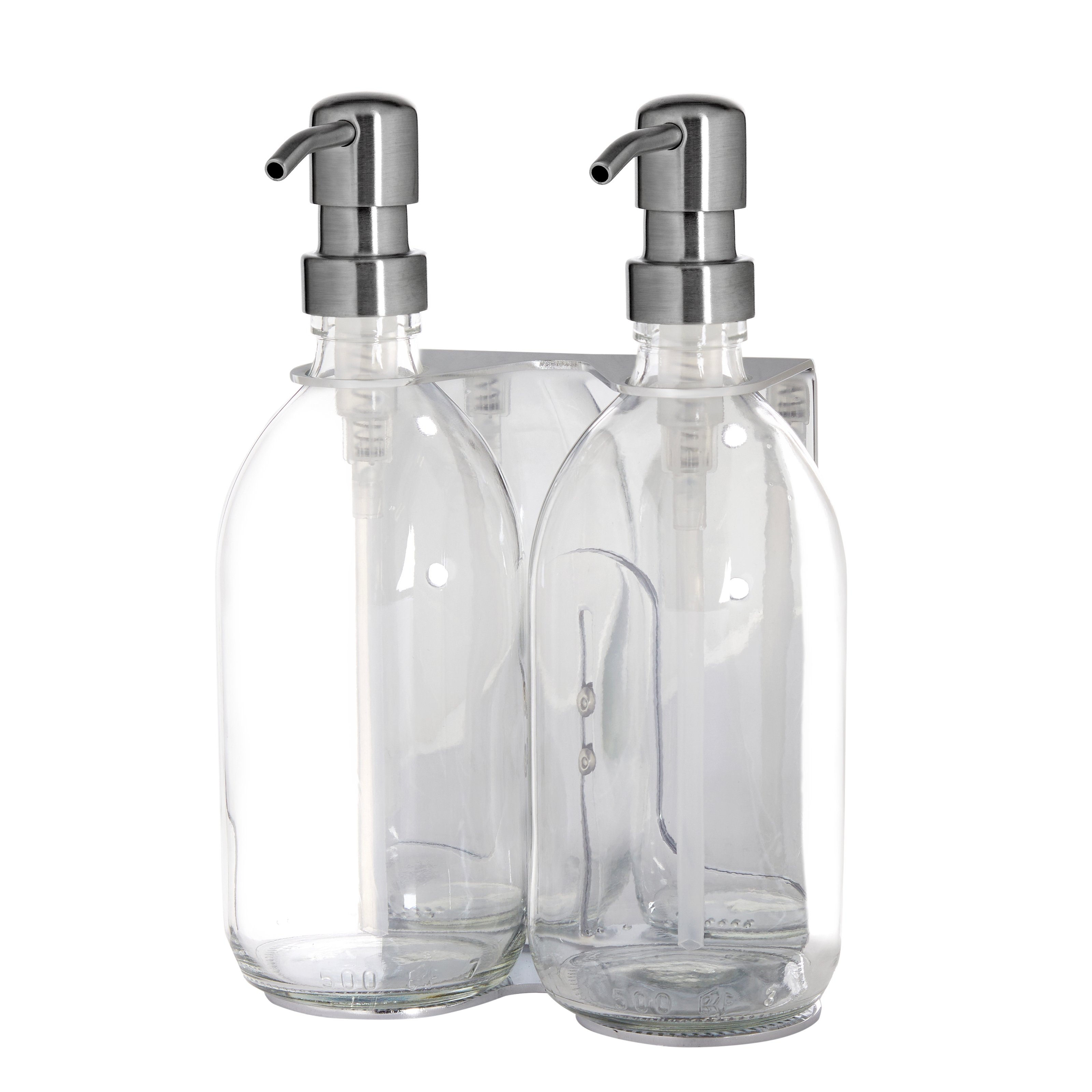 Chrome wall mounted soap dispenser with clear bottles and Silver metal pumps