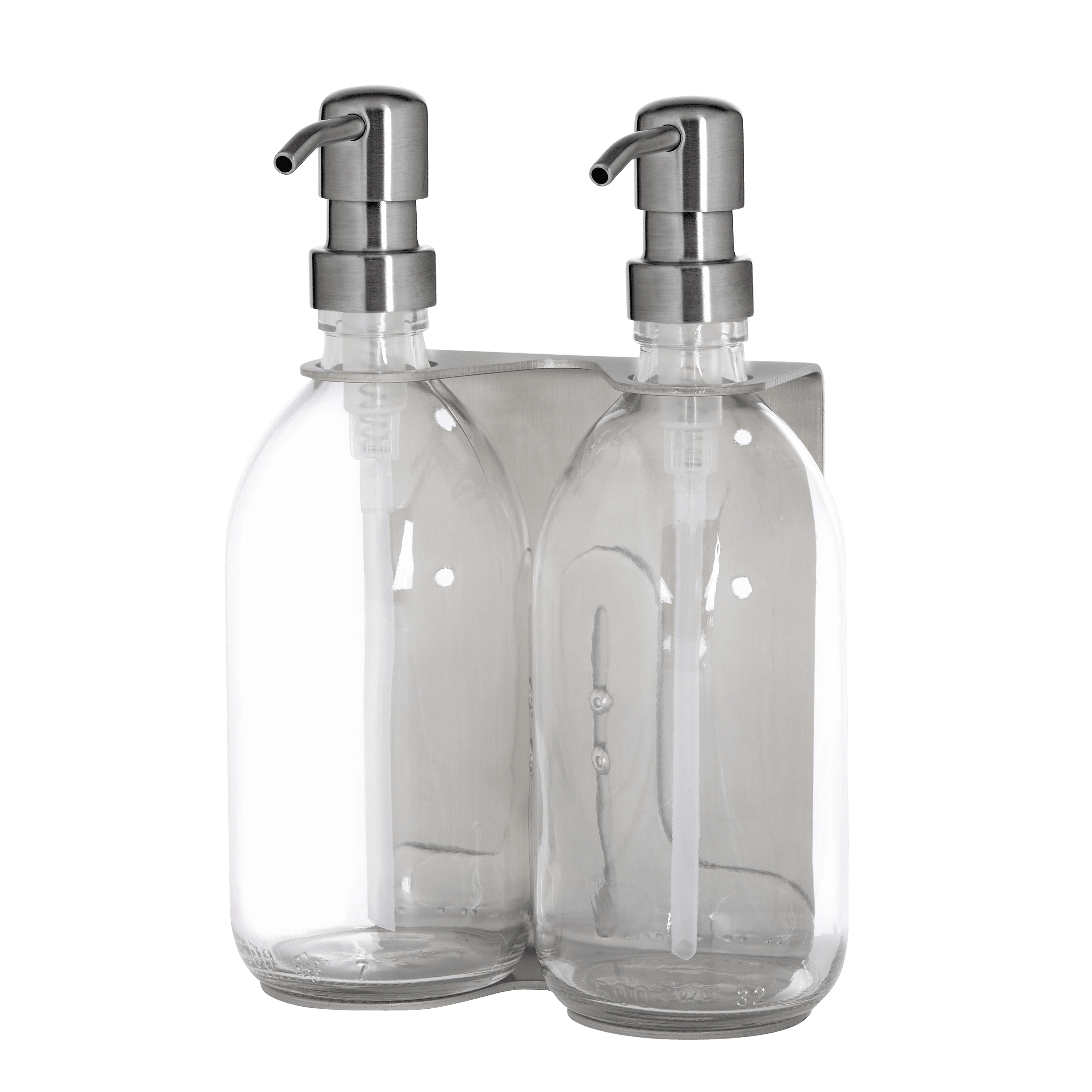 Doppelter Seifenspender zur Wandmontage in Satinsilber mit durchsichtigen Spenderflaschen und passender silberner Metallpumpe